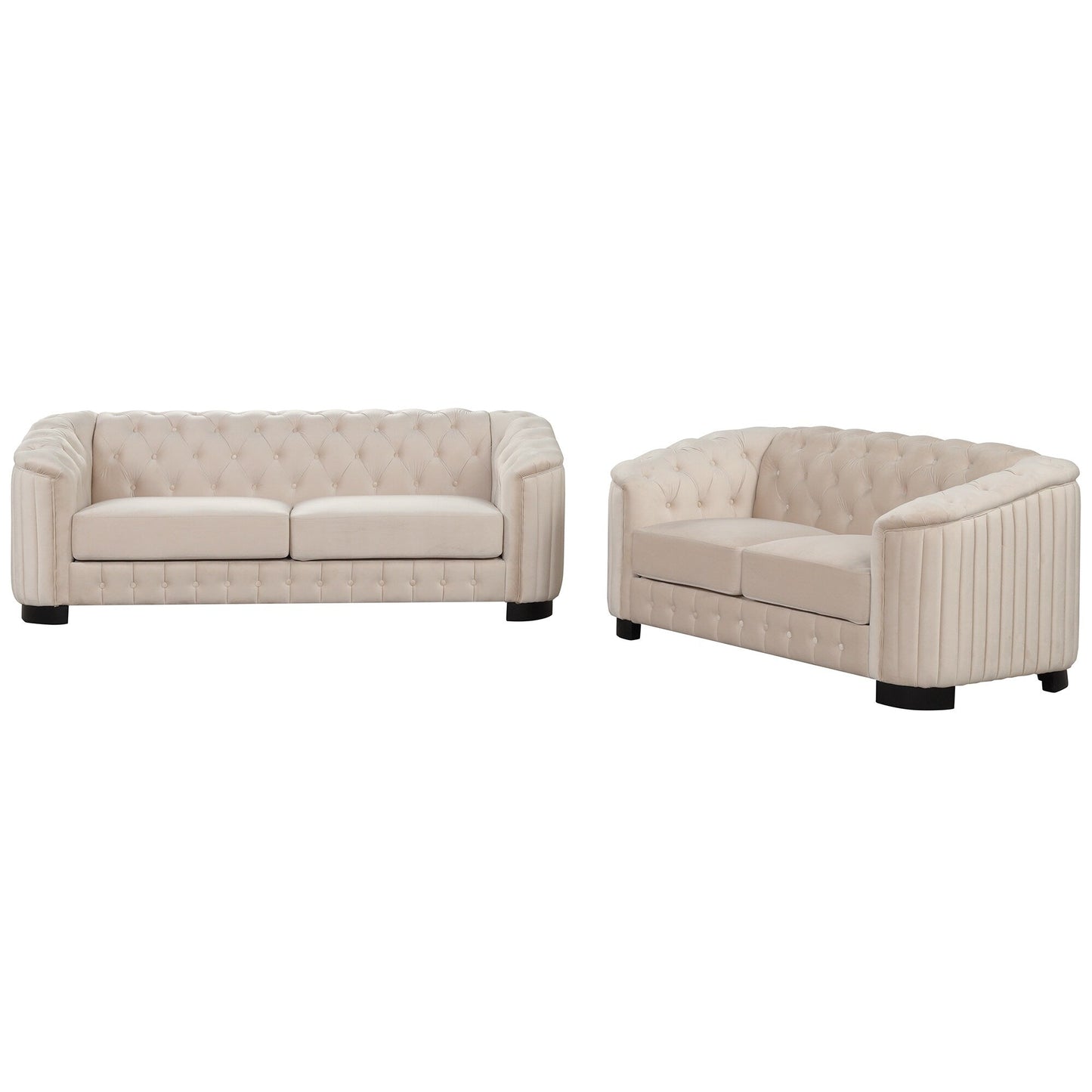 Ensemble de canapés modernes en velours 3 pièces Roomfitters avec pieds en bois d'hévéa comprenant un canapé trois places, une causeuse et une chaise pour le salon