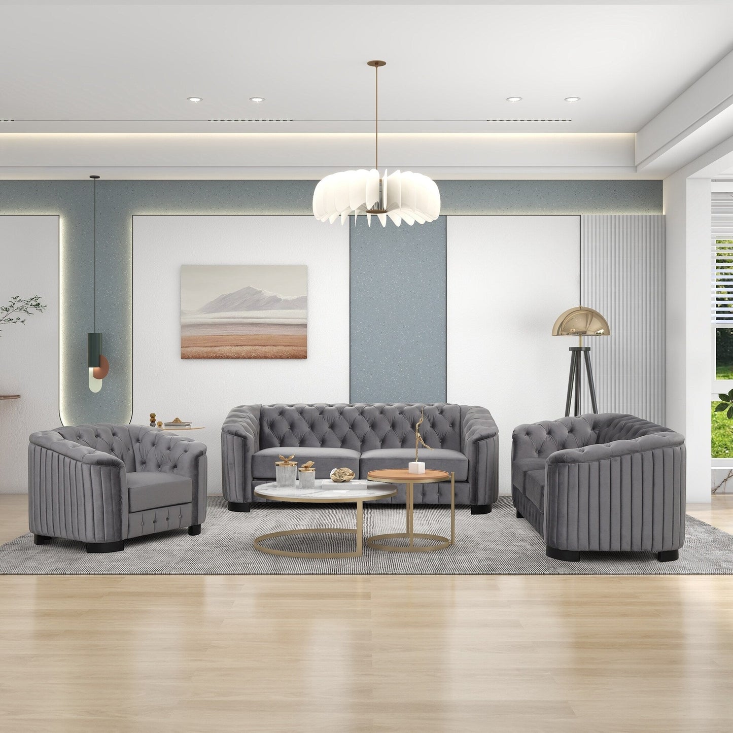 Ensemble de canapés modernes en velours 3 pièces Roomfitters avec pieds en bois d'hévéa comprenant un canapé trois places, une causeuse et une chaise pour le salon