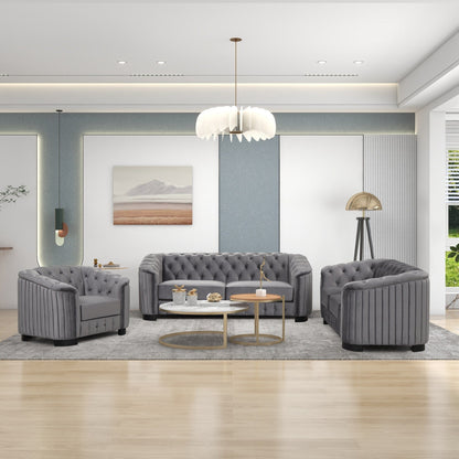Ensemble de canapés modernes en velours 3 pièces Roomfitters avec pieds en bois d'hévéa comprenant un canapé trois places, une causeuse et une chaise pour le salon