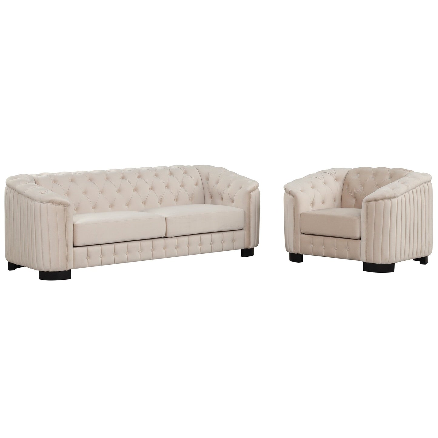 Ensemble de canapés modernes en velours 3 pièces Roomfitters avec pieds en bois d'hévéa comprenant un canapé trois places, une causeuse et une chaise pour le salon