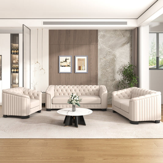 Ensemble de canapés modernes en velours 3 pièces Roomfitters avec pieds en bois d'hévéa comprenant un canapé trois places, une causeuse et une chaise pour le salon