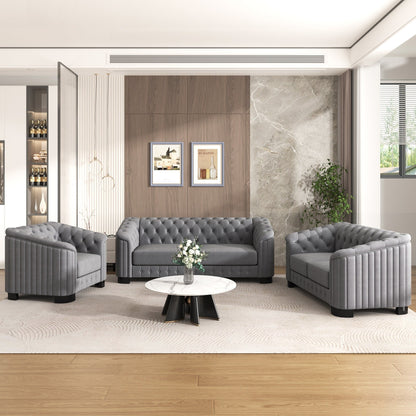 Ensemble de canapés modernes en velours 3 pièces Roomfitters avec pieds en bois d'hévéa comprenant un canapé trois places, une causeuse et une chaise pour le salon