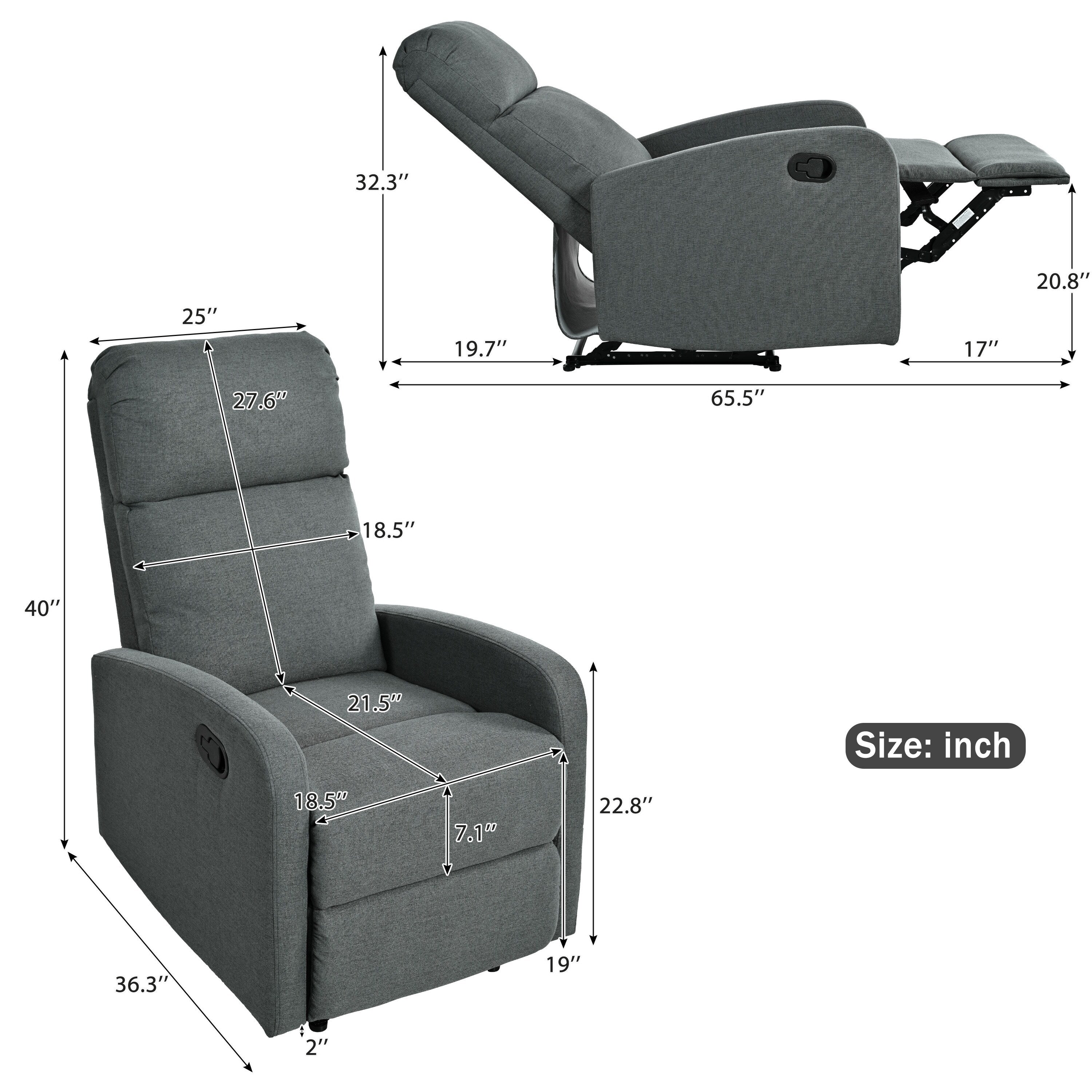 Fauteuil inclinable manuel moderne Roomfitters, fauteuil de cinéma maison, inclinable et réglable pour salon, anthracite