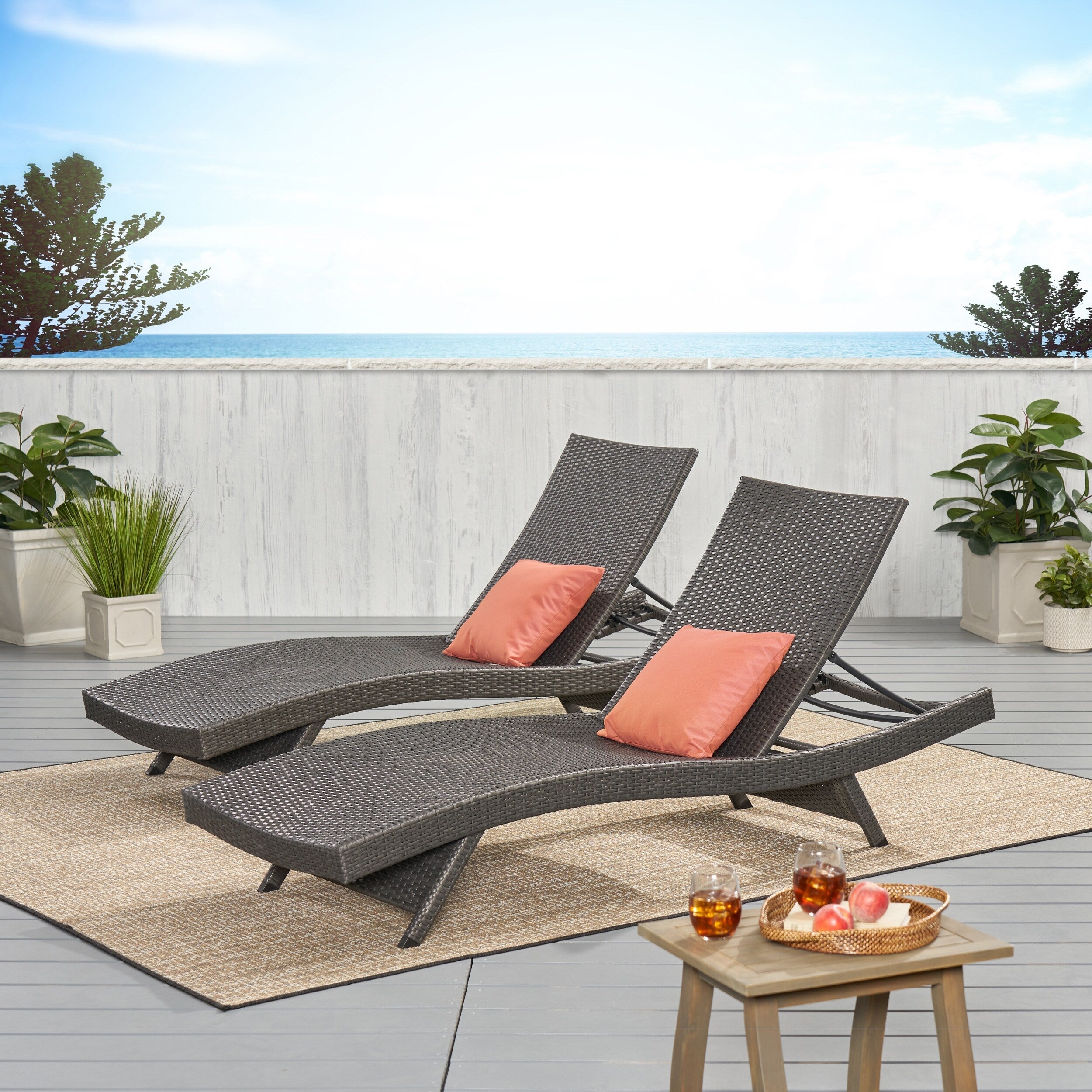 Ensemble de chaises longues d'extérieur en osier Roomfitters, chaises longues inclinables réglables, rotin résistant aux intempéries