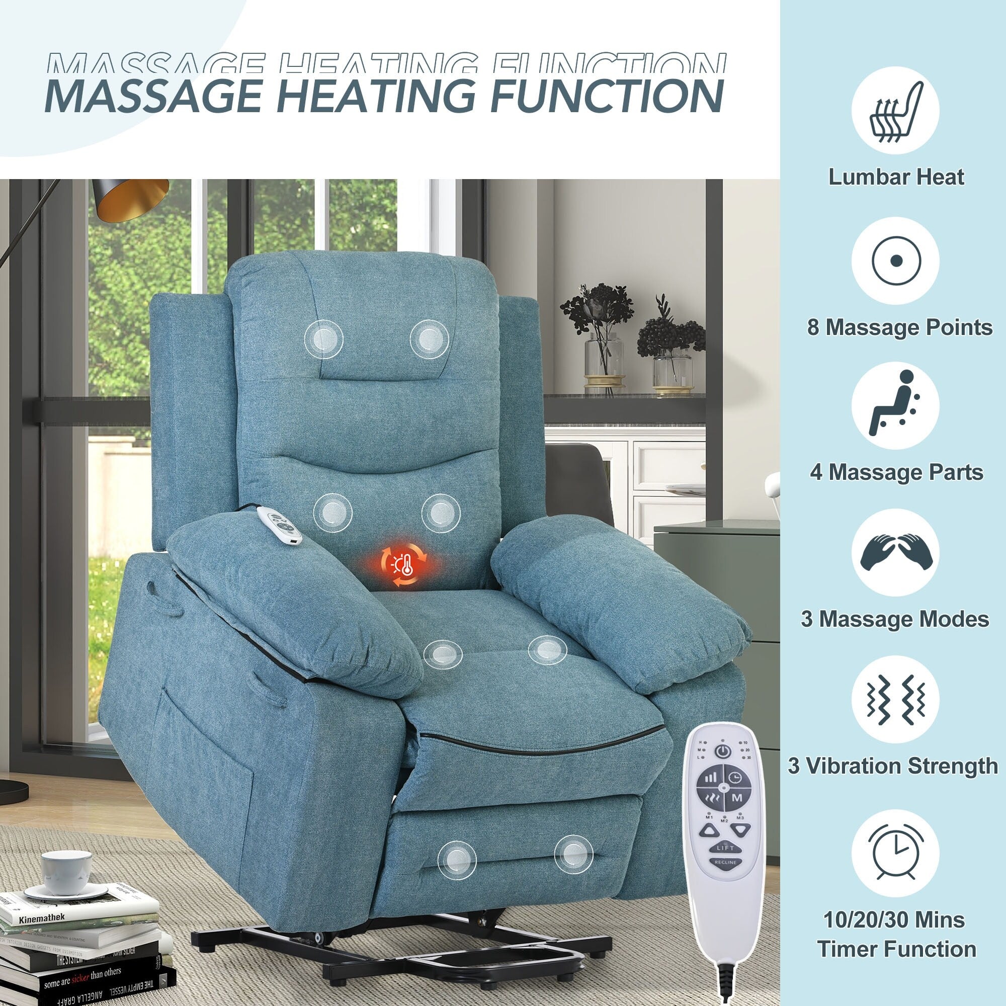 Fauteuil inclinable massant et releveur électrique Roomfitters avec chaleur apaisante, modes de massage réglables et options d'inclinaison infinies