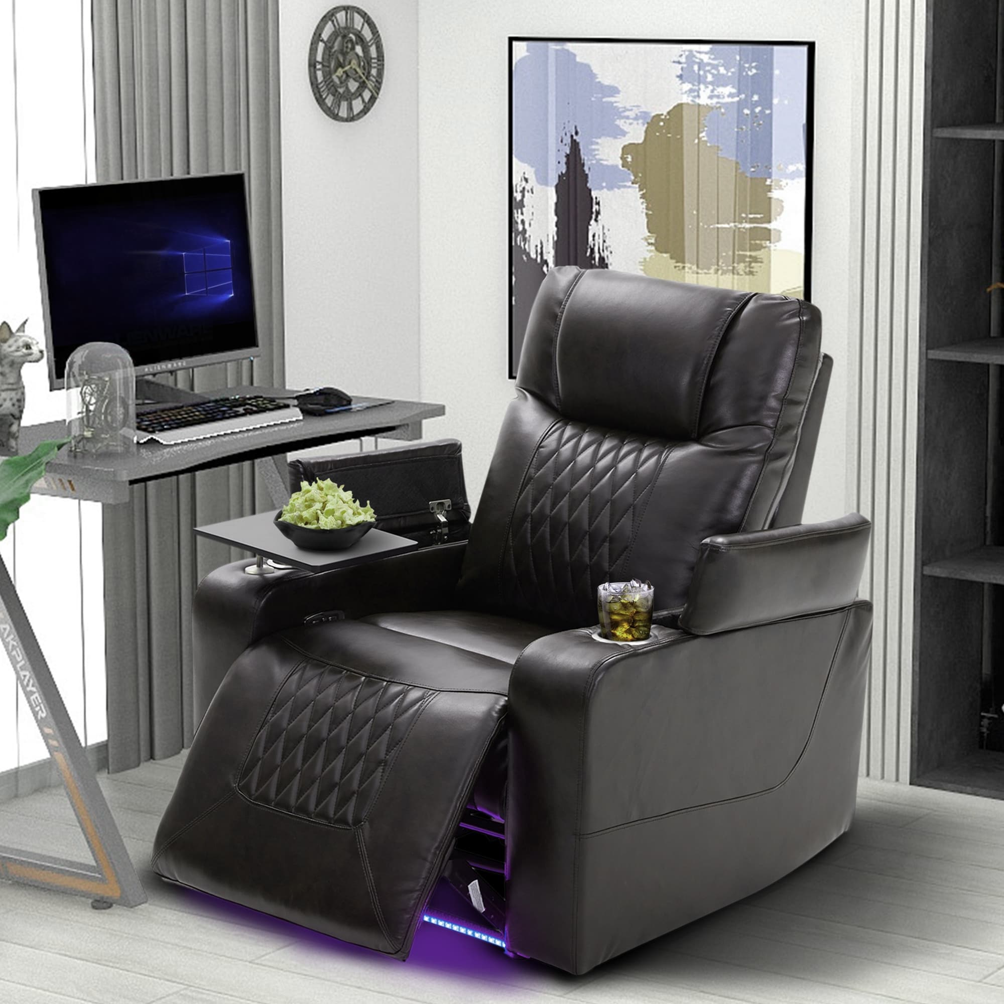 Fauteuil inclinable électrique Roomfitters avec ports de chargement USB, rangement dissimulé des accoudoirs, deux porte-gobelets et plateau pivotant à 360°