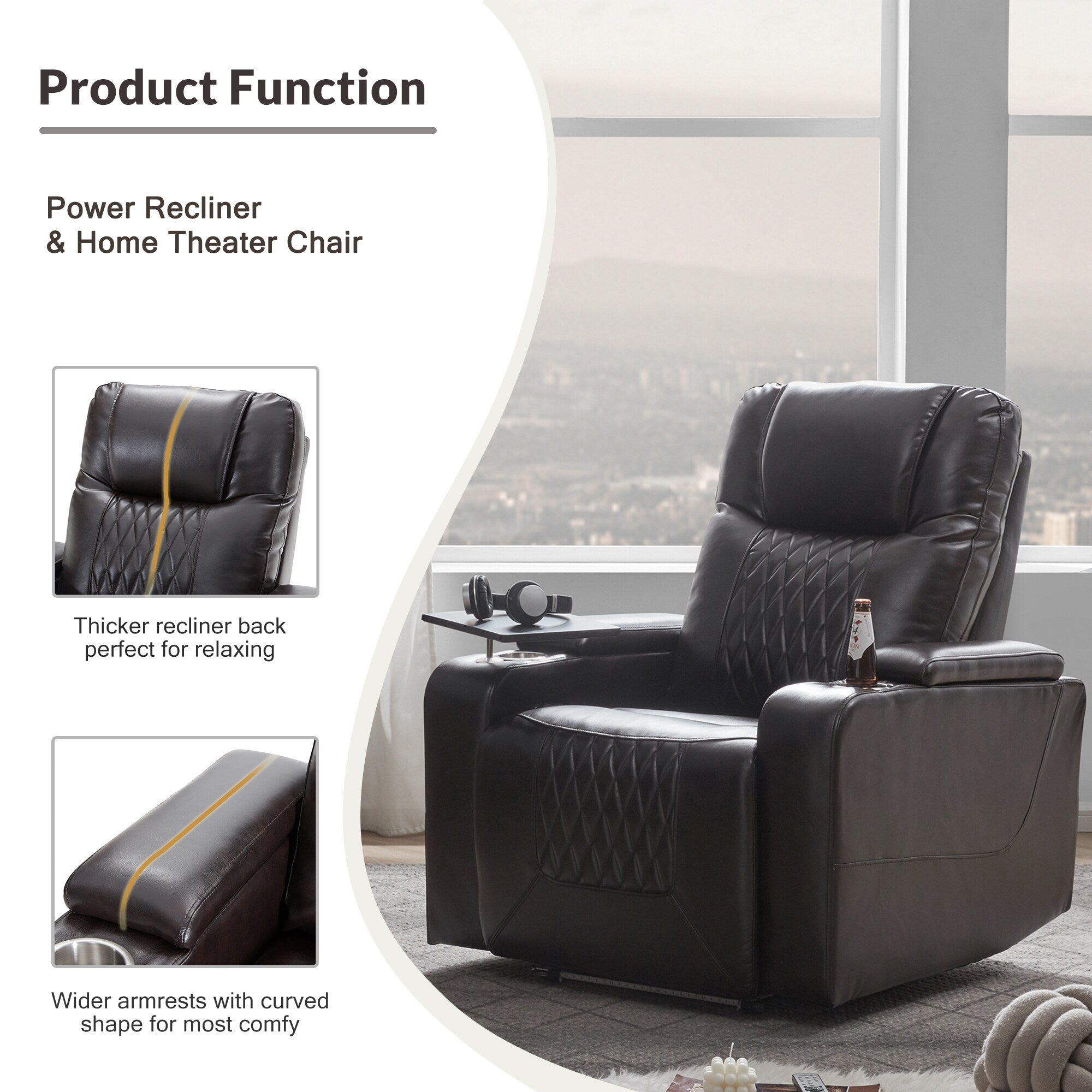 Fauteuil inclinable électrique Roomfitters avec ports de chargement USB, rangement dissimulé des accoudoirs, deux porte-gobelets et plateau pivotant à 360°