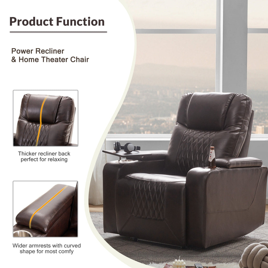Fauteuil inclinable électrique Roomfitters avec ports de chargement USB, rangement dissimulé des accoudoirs, deux porte-gobelets et plateau pivotant à 360°