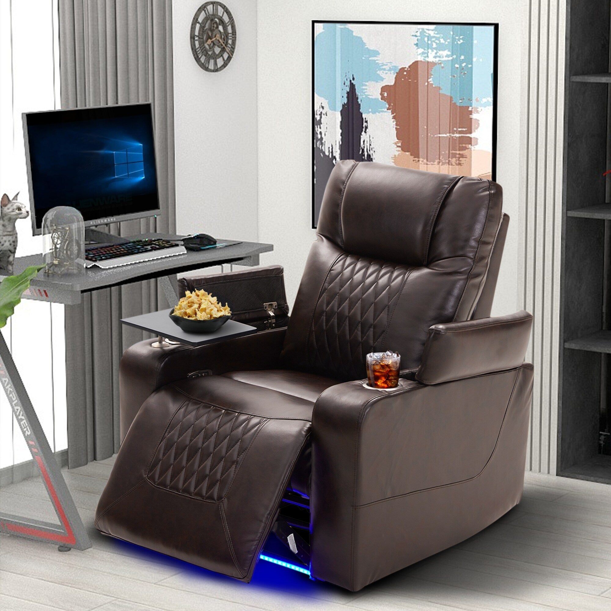 Fauteuil inclinable électrique Roomfitters avec ports de chargement USB, rangement dissimulé des accoudoirs, deux porte-gobelets et plateau pivotant à 360°
