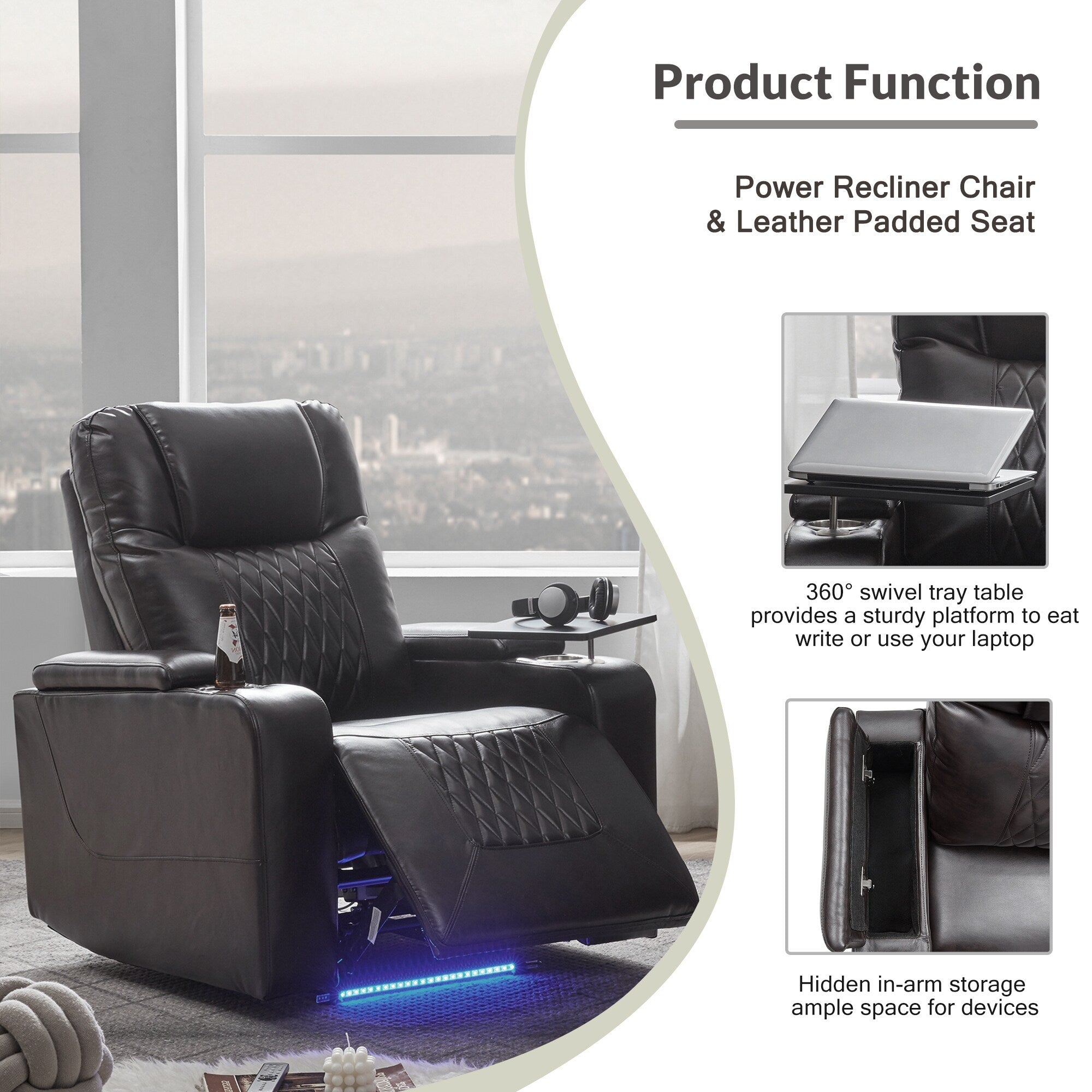 Fauteuil inclinable électrique Roomfitters avec ports de chargement USB, rangement dissimulé des accoudoirs, deux porte-gobelets et plateau pivotant à 360°