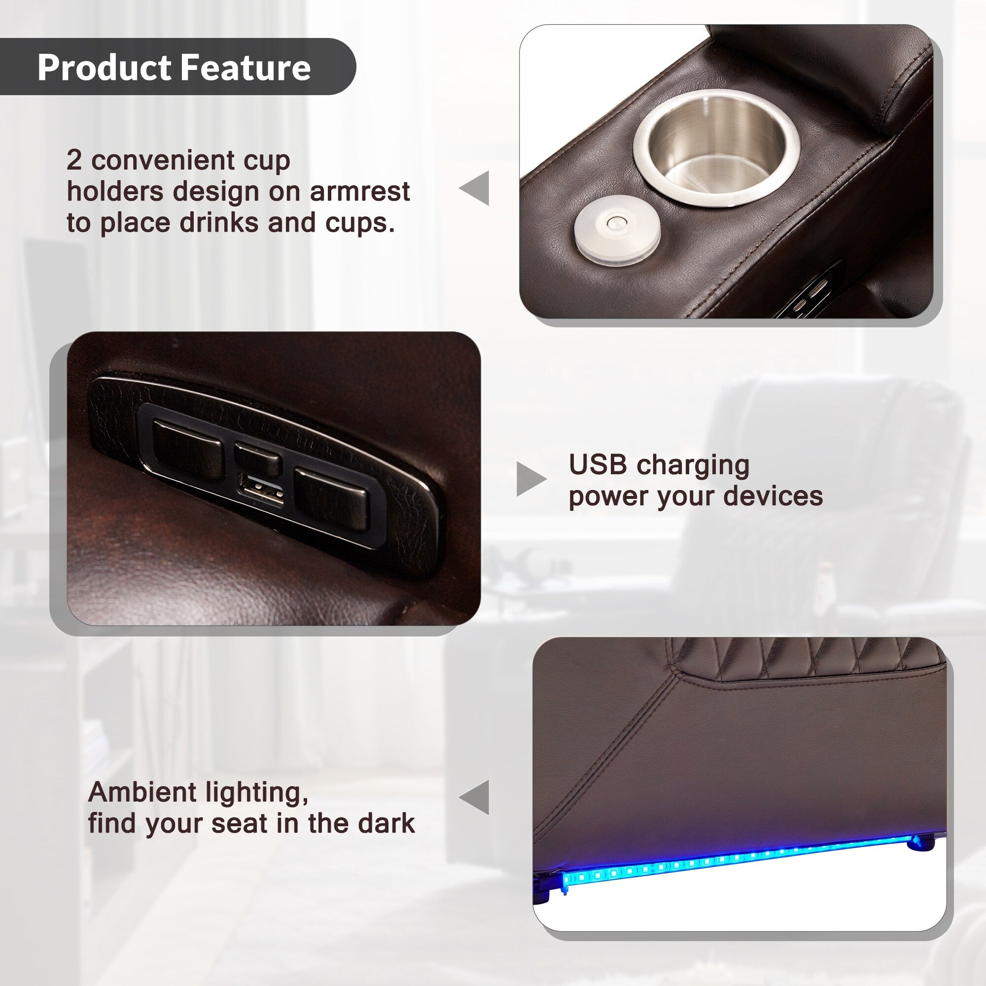 Fauteuil inclinable électrique Roomfitters avec ports de chargement USB, rangement dissimulé des accoudoirs, deux porte-gobelets et plateau pivotant à 360°