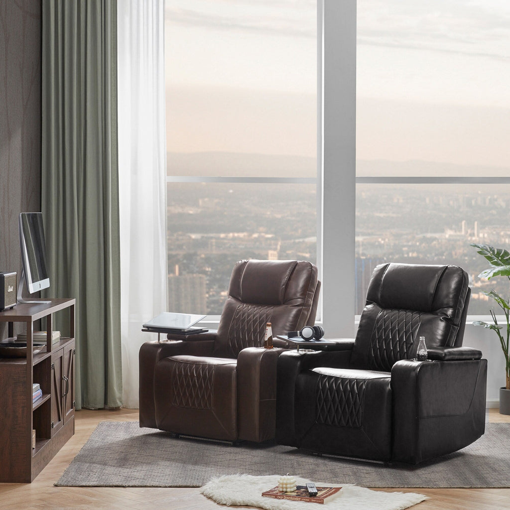 Fauteuil inclinable électrique Roomfitters avec ports de chargement USB, rangement dissimulé des accoudoirs, deux porte-gobelets et plateau pivotant à 360°