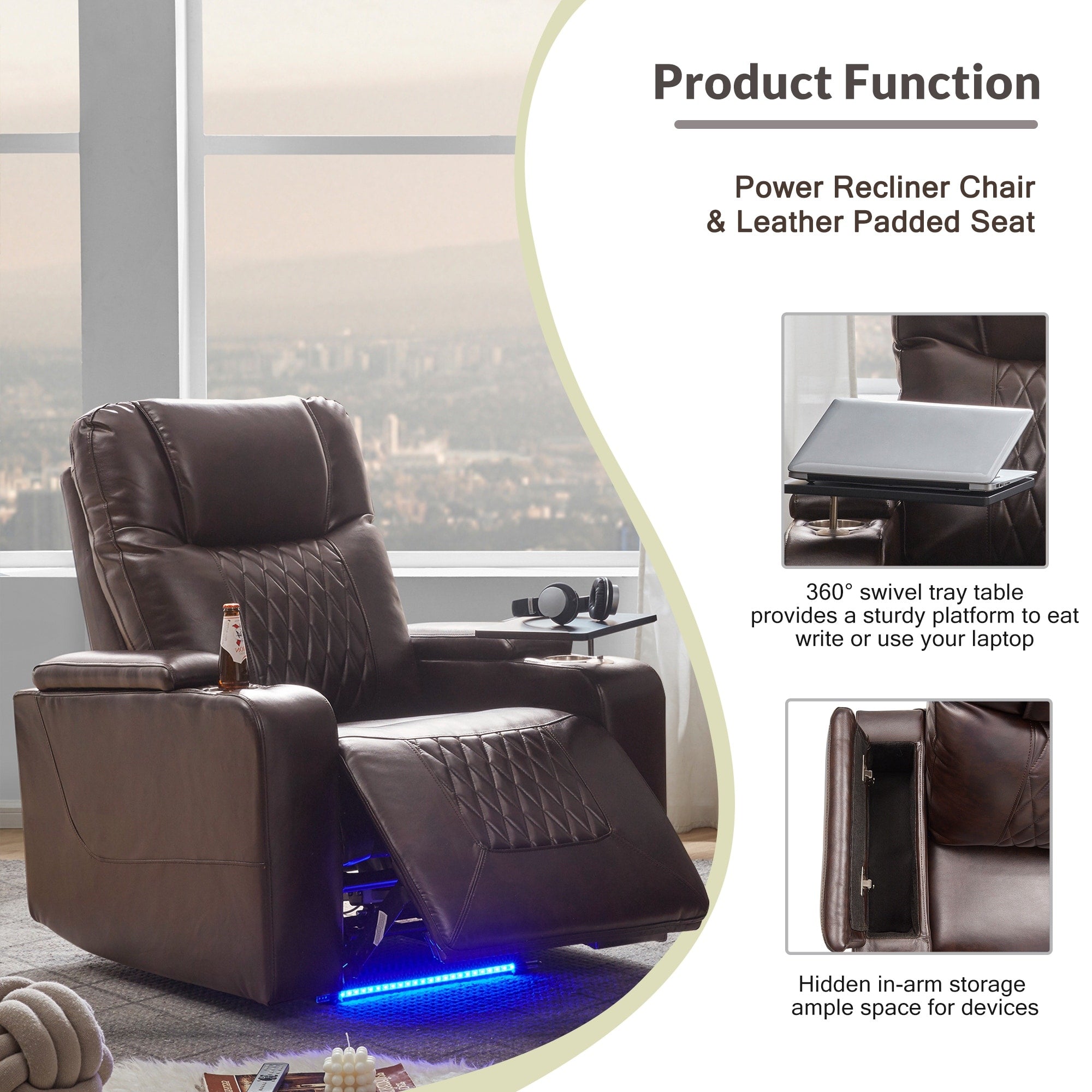 Fauteuil inclinable électrique Roomfitters avec ports de chargement USB, rangement dissimulé des accoudoirs, deux porte-gobelets et plateau pivotant à 360°