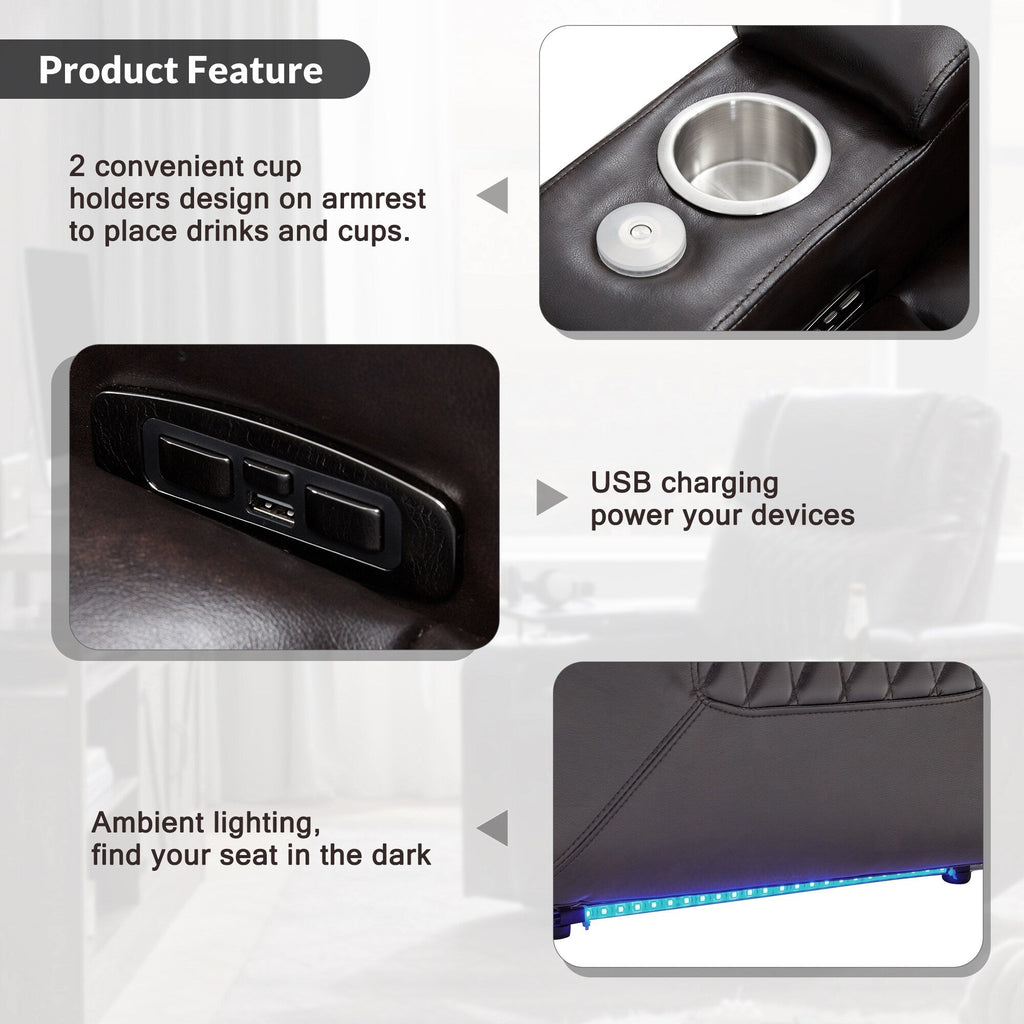 Fauteuil inclinable électrique Roomfitters avec ports de chargement USB, rangement dissimulé des accoudoirs, deux porte-gobelets et plateau pivotant à 360°