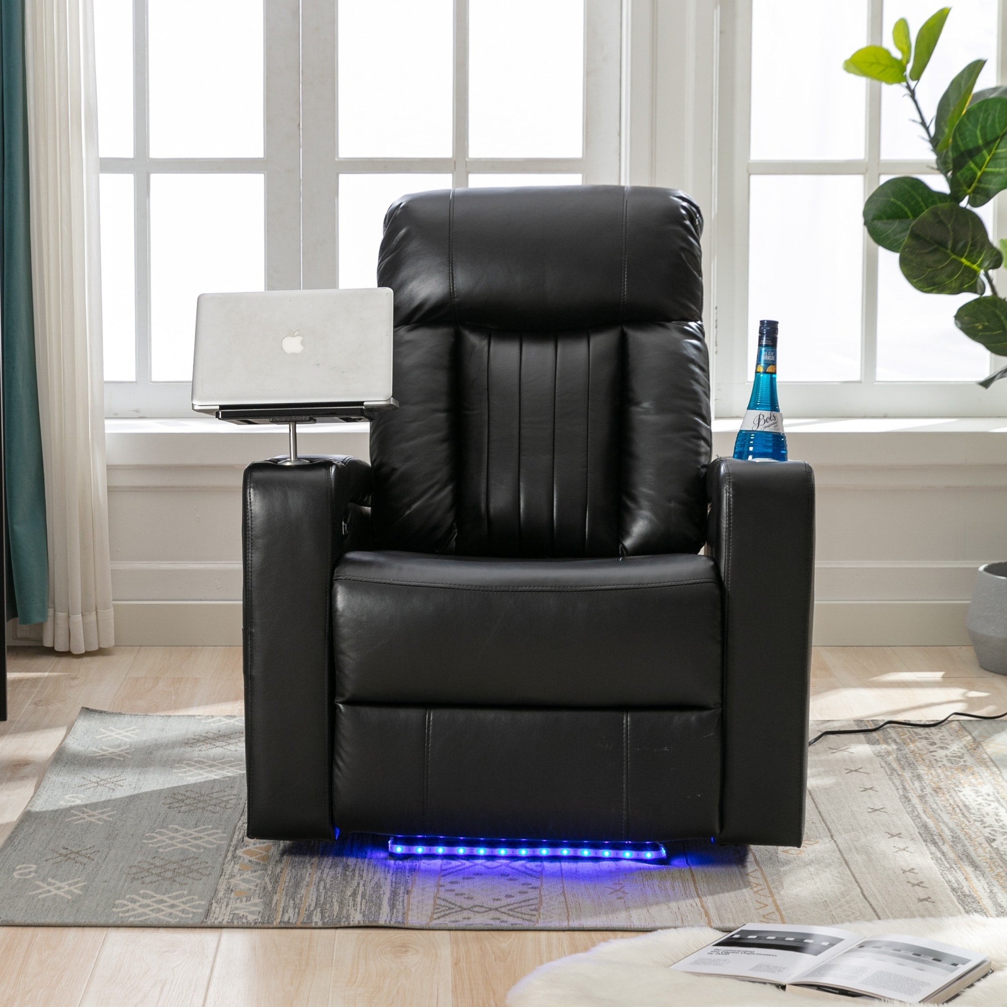 Fauteuil inclinable électrique haut de gamme Roomfitters avec accoudoirs de rangement, porte-gobelets, plateau pivotant et support pour téléphone portable, noir