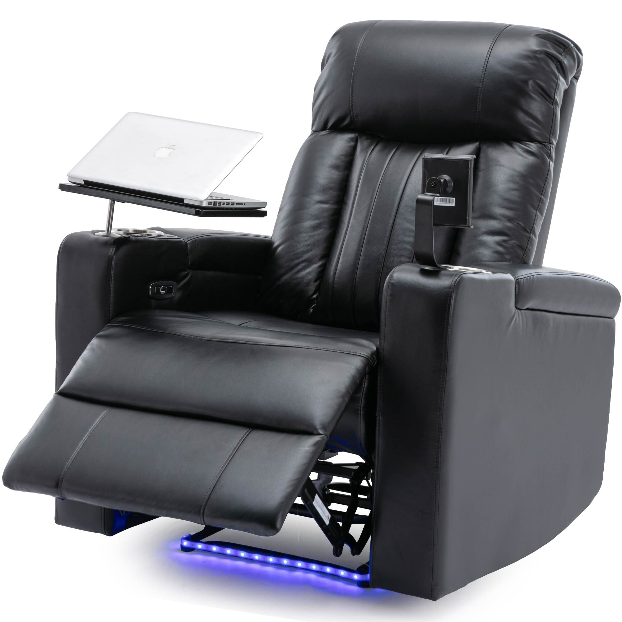Fauteuil inclinable électrique haut de gamme Roomfitters avec accoudoirs de rangement, porte-gobelets, plateau pivotant et support pour téléphone portable, noir
