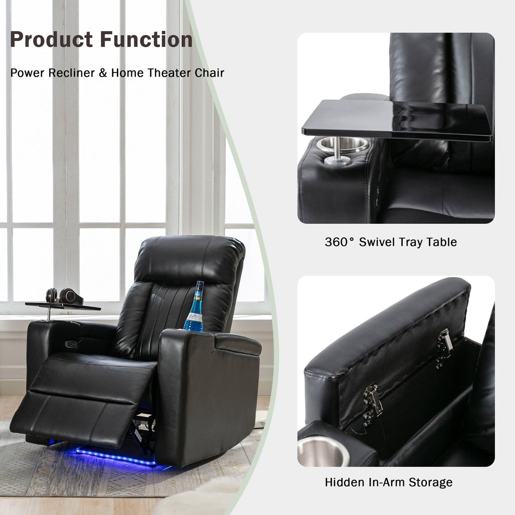 Fauteuil inclinable électrique haut de gamme Roomfitters avec accoudoirs de rangement, porte-gobelets, plateau pivotant et support pour téléphone portable, noir