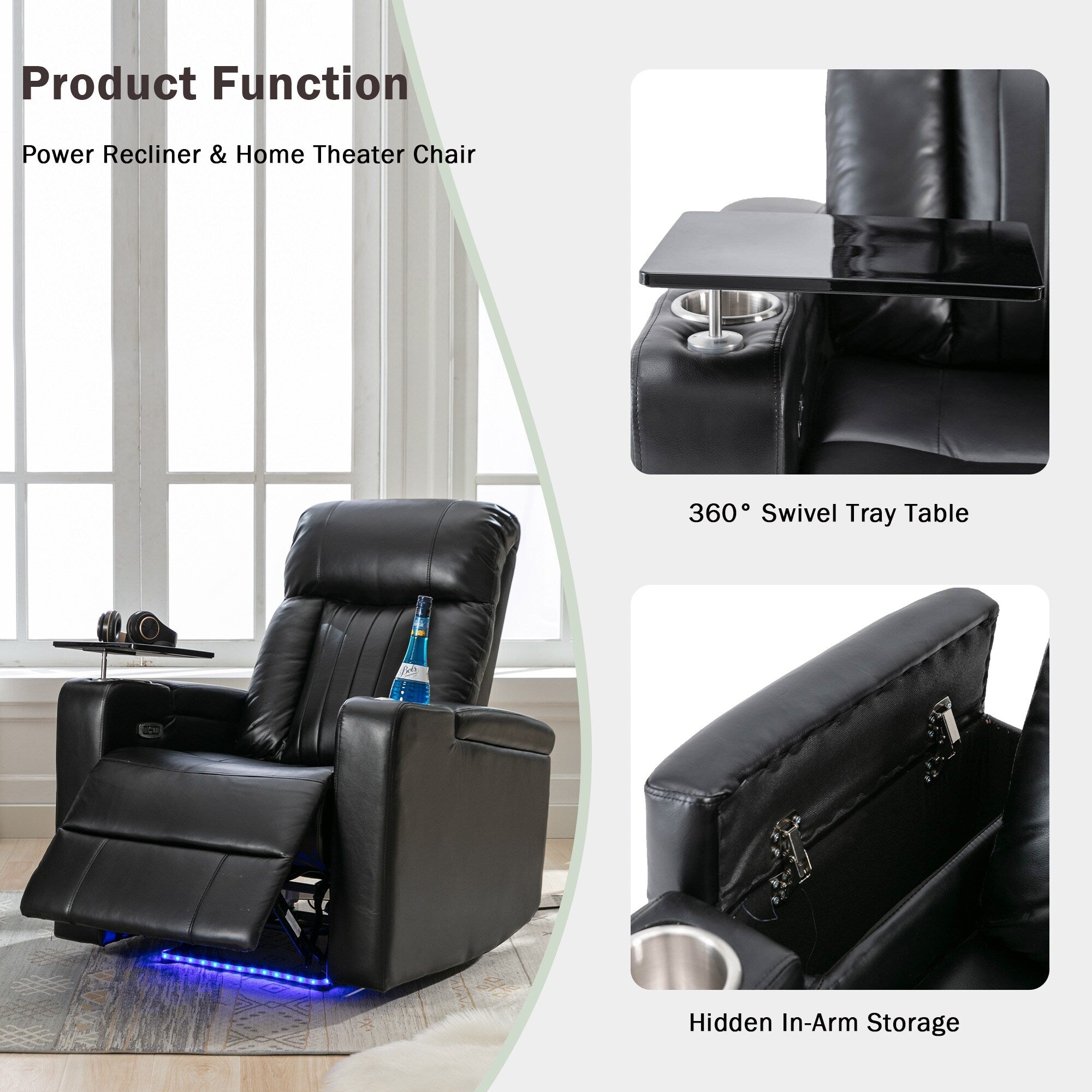 Fauteuil inclinable électrique haut de gamme Roomfitters avec accoudoirs de rangement, porte-gobelets, plateau pivotant et support pour téléphone portable, noir