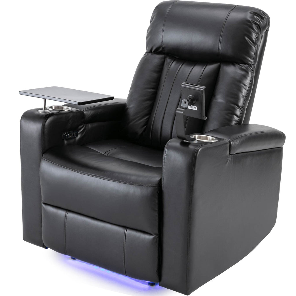 Fauteuil inclinable électrique haut de gamme Roomfitters avec accoudoirs de rangement, porte-gobelets, plateau pivotant et support pour téléphone portable, noir