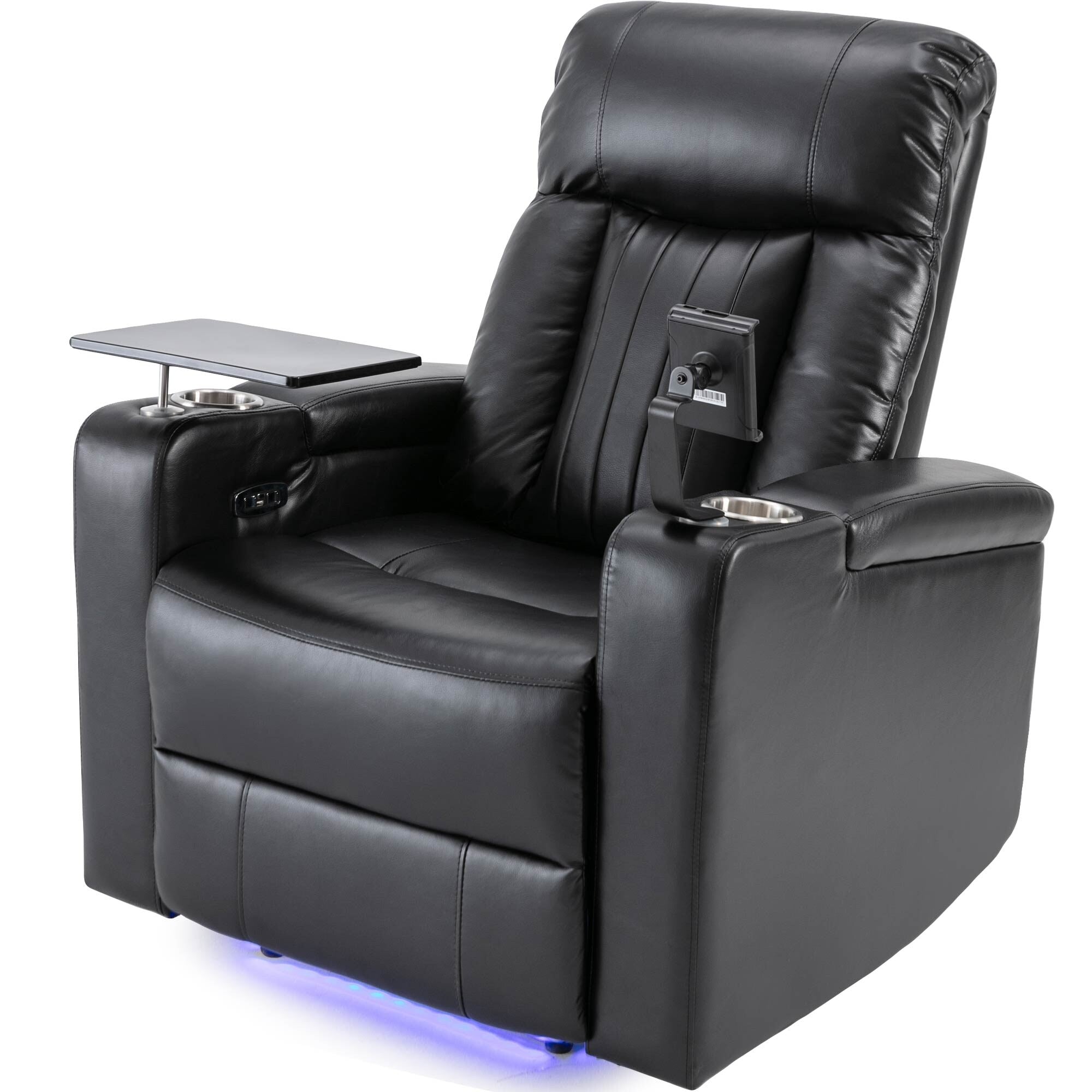Fauteuil inclinable électrique haut de gamme Roomfitters avec accoudoirs de rangement, porte-gobelets, plateau pivotant et support pour téléphone portable, noir