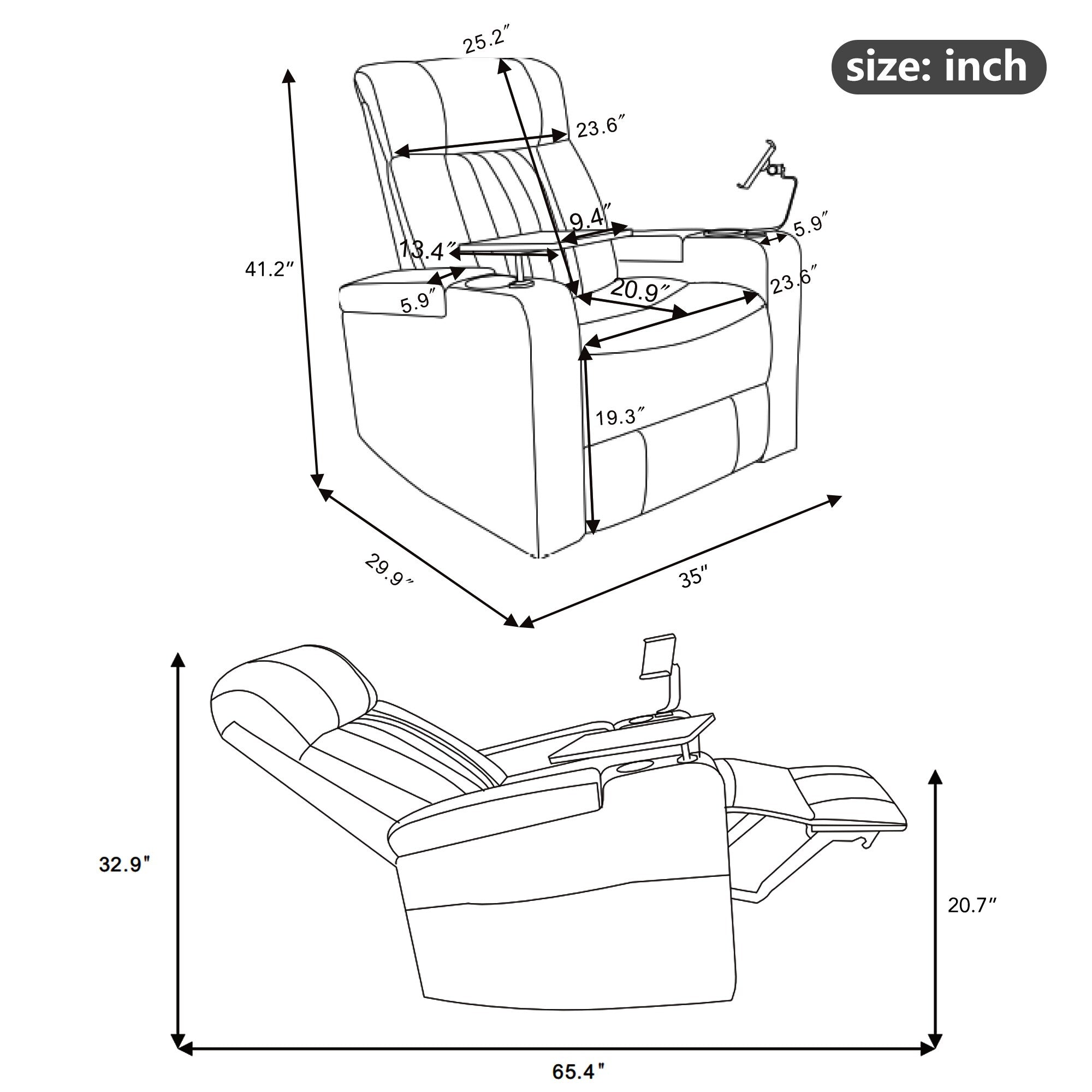 Fauteuil inclinable électrique haut de gamme Roomfitters avec accoudoirs de rangement, porte-gobelets, plateau pivotant et support pour téléphone portable, noir