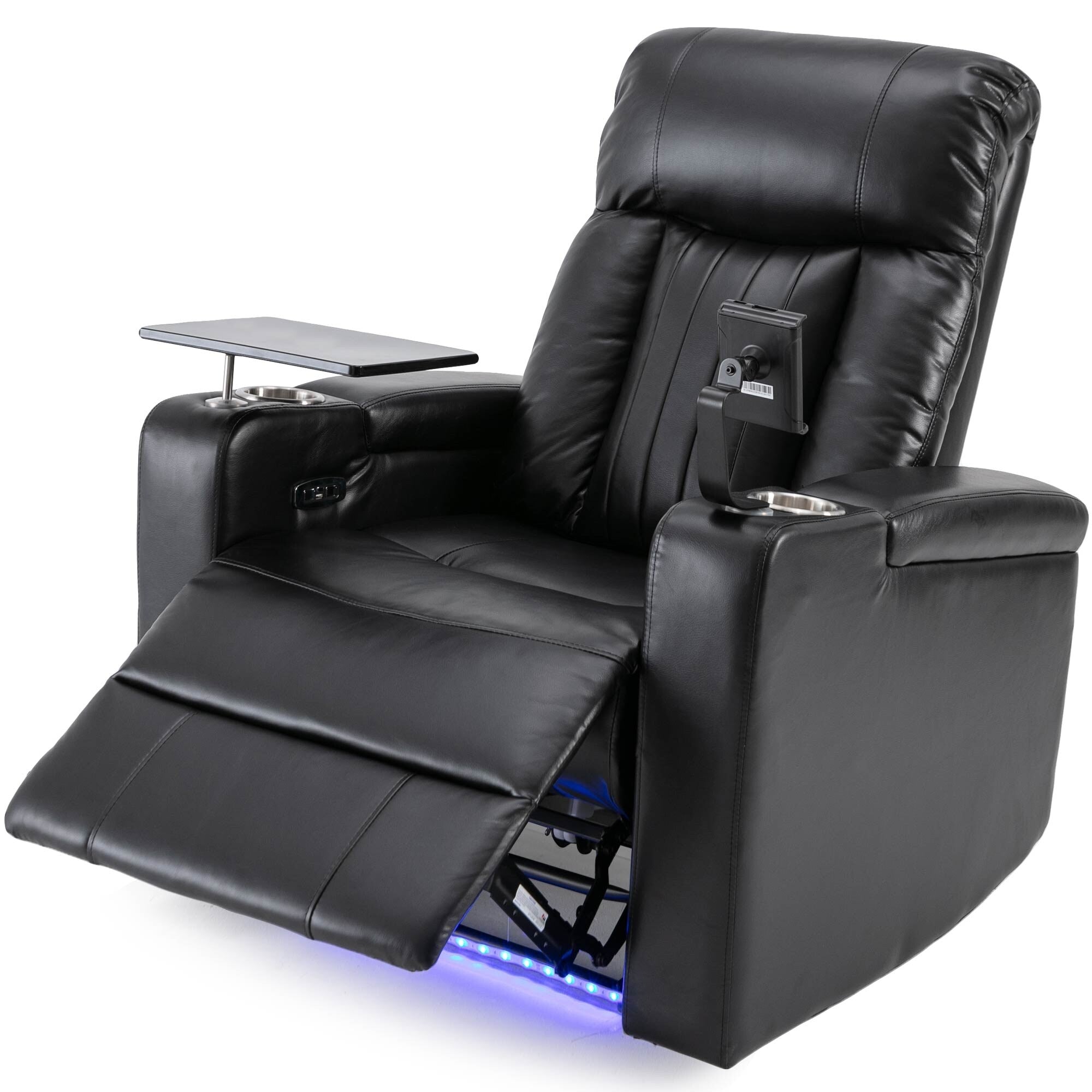Fauteuil inclinable électrique haut de gamme Roomfitters avec accoudoirs de rangement, porte-gobelets, plateau pivotant et support pour téléphone portable, noir