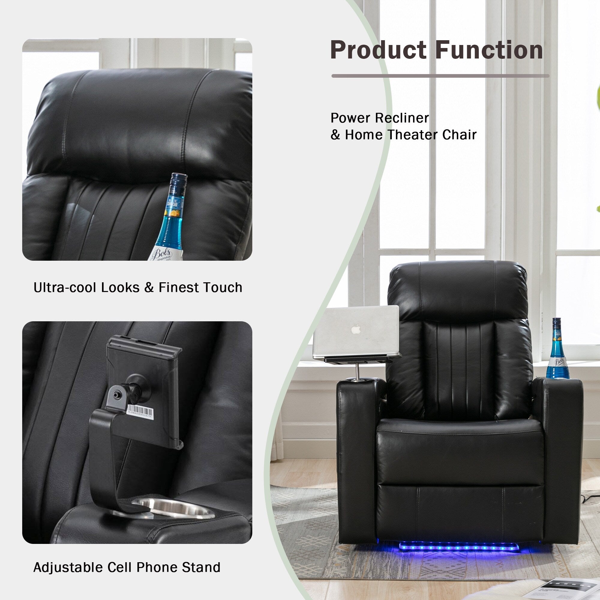 Fauteuil inclinable électrique haut de gamme Roomfitters avec accoudoirs de rangement, porte-gobelets, plateau pivotant et support pour téléphone portable, noir