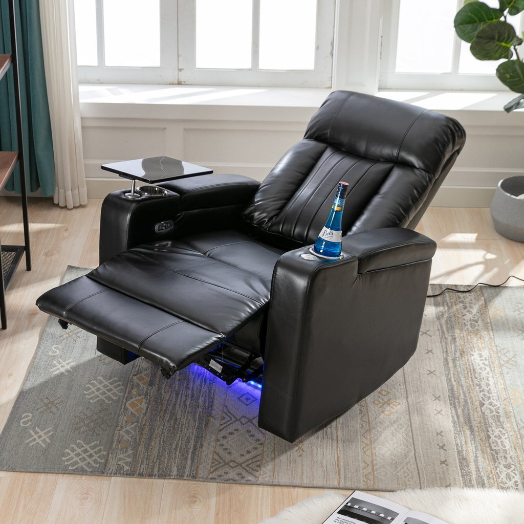 Fauteuil inclinable électrique haut de gamme Roomfitters avec accoudoirs de rangement, porte-gobelets, plateau pivotant et support pour téléphone portable, noir