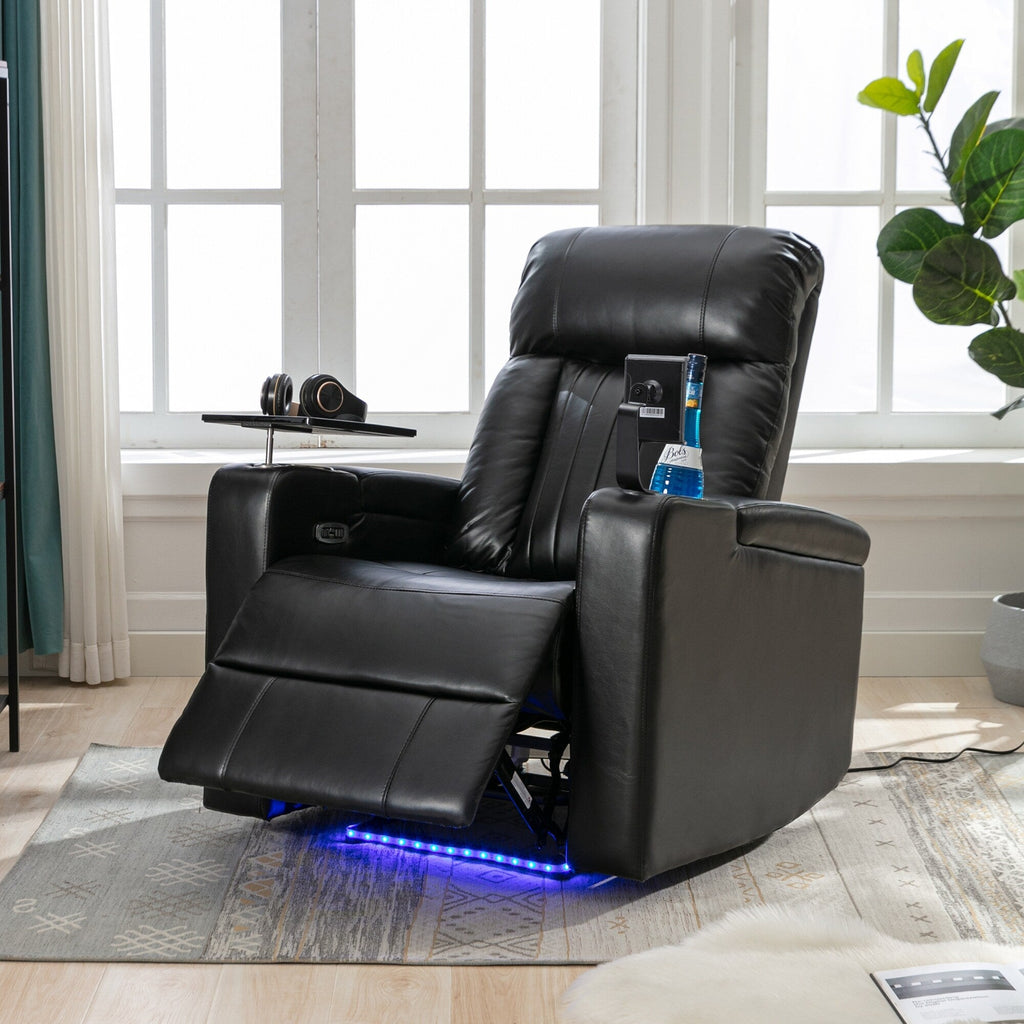 Fauteuil inclinable électrique haut de gamme Roomfitters avec accoudoirs de rangement, porte-gobelets, plateau pivotant et support pour téléphone portable, noir