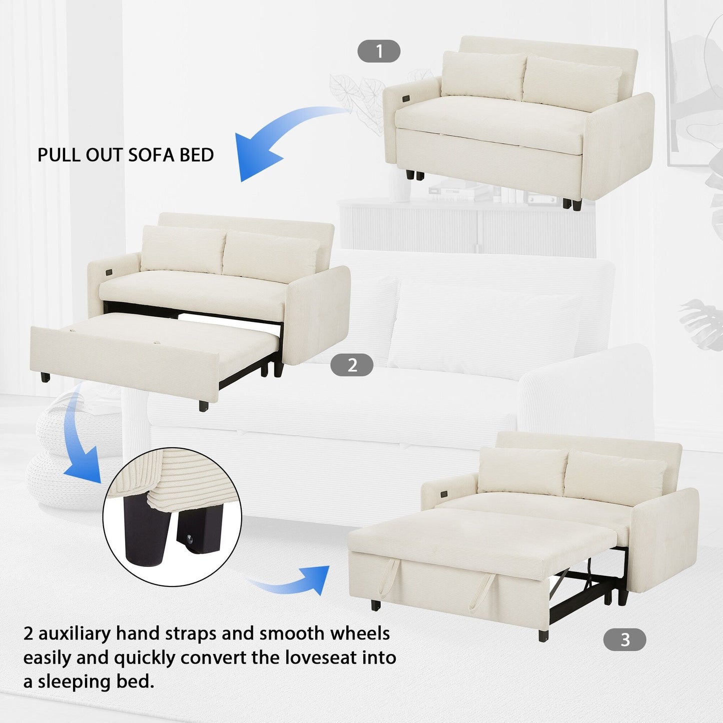 Canapé-lit convertible 2 places Roomfitters avec coussins et ports USB, canapé-lit moderne, beige
