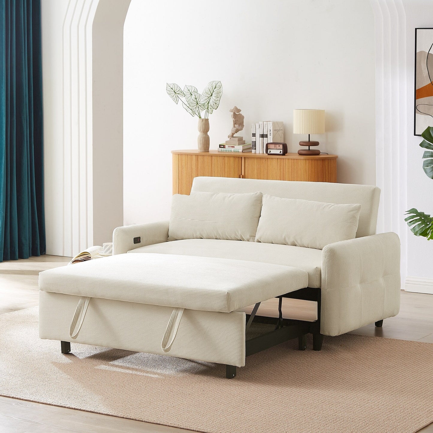 Canapé-lit convertible 2 places Roomfitters avec coussins et ports USB, canapé-lit moderne, beige