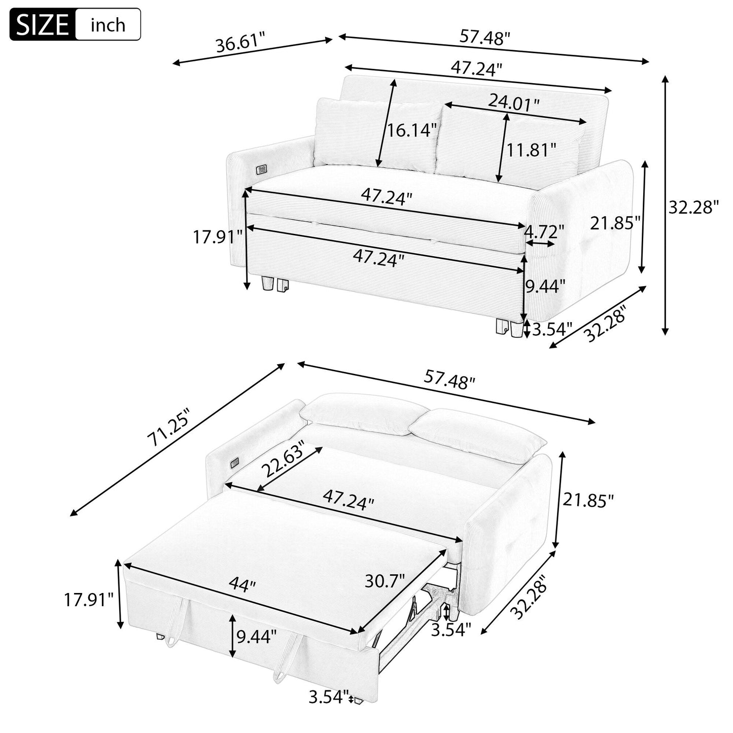 Canapé-lit convertible 2 places Roomfitters avec coussins et ports USB, canapé-lit moderne, beige