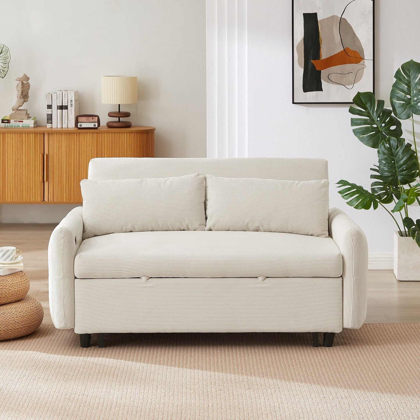 Canapé-lit convertible 2 places Roomfitters avec coussins et ports USB, canapé-lit moderne, beige