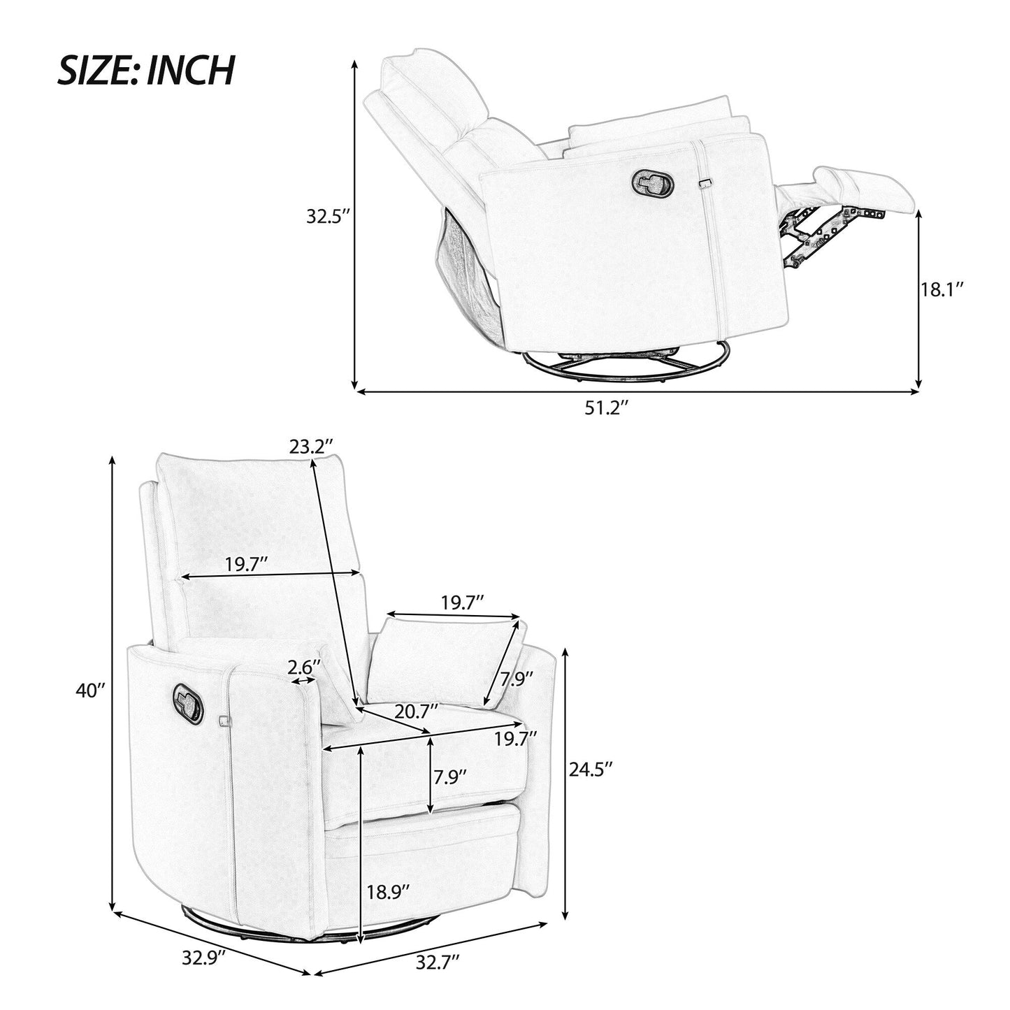 Fauteuil inclinable pivotant rembourré Roomfitters, fauteuil inclinable à bascule manuel avec deux coussins amovibles, pour salon
