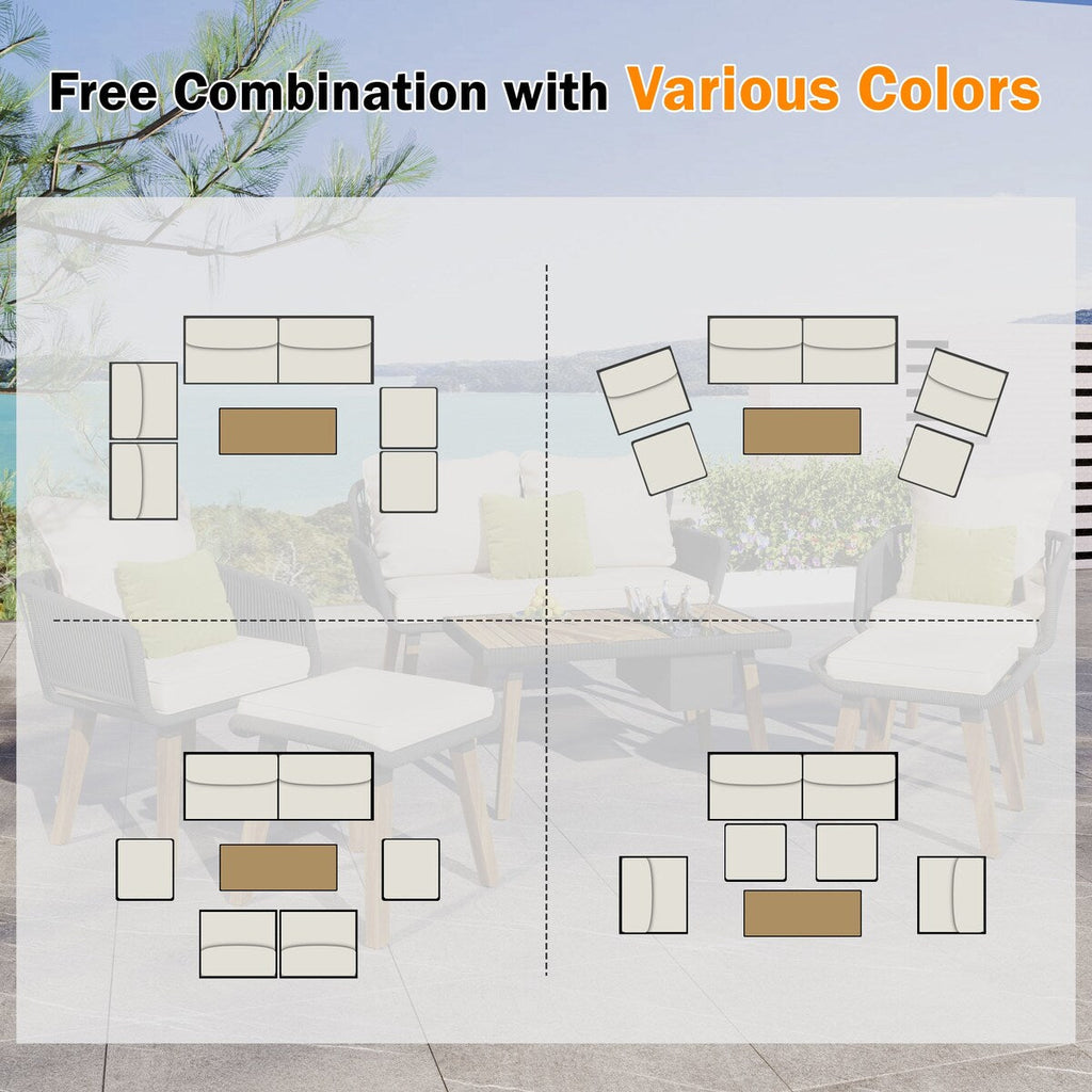 Ensemble de jardin en corde tressée : meubles de patio en bois d'acacia avec seau à glace, 6 pièces