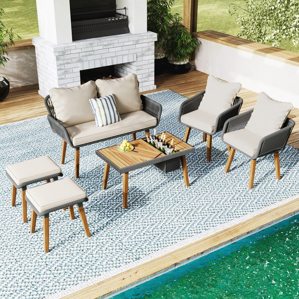 Ensemble de jardin en corde tressée : meubles de patio en bois d'acacia avec seau à glace, 6 pièces