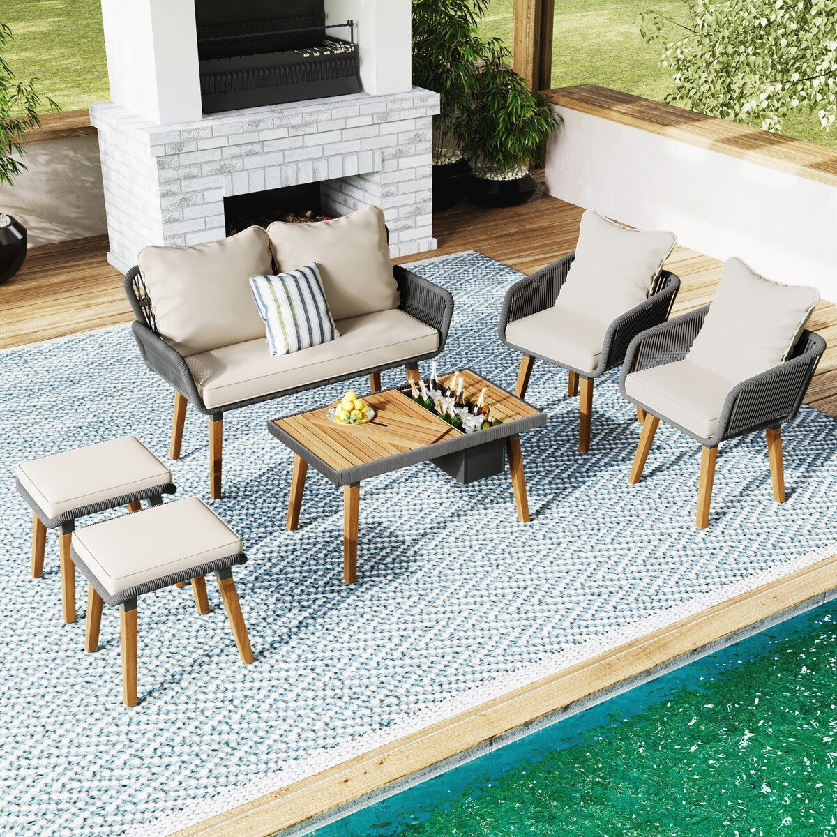 Ensemble de jardin en corde tressée : meubles de patio en bois d'acacia avec seau à glace, 6 pièces