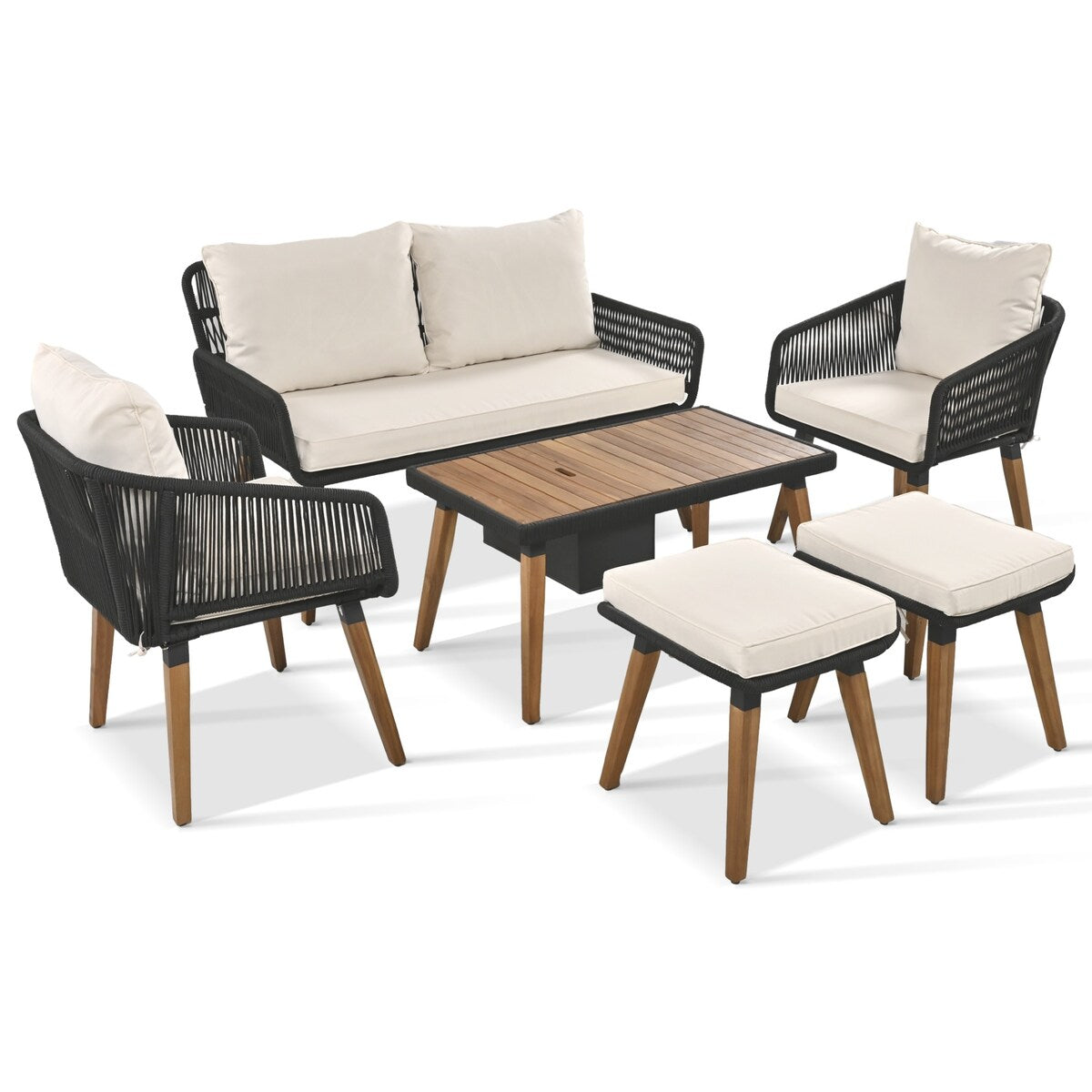 Ensemble de jardin en corde tressée : meubles de patio en bois d'acacia avec seau à glace, 6 pièces