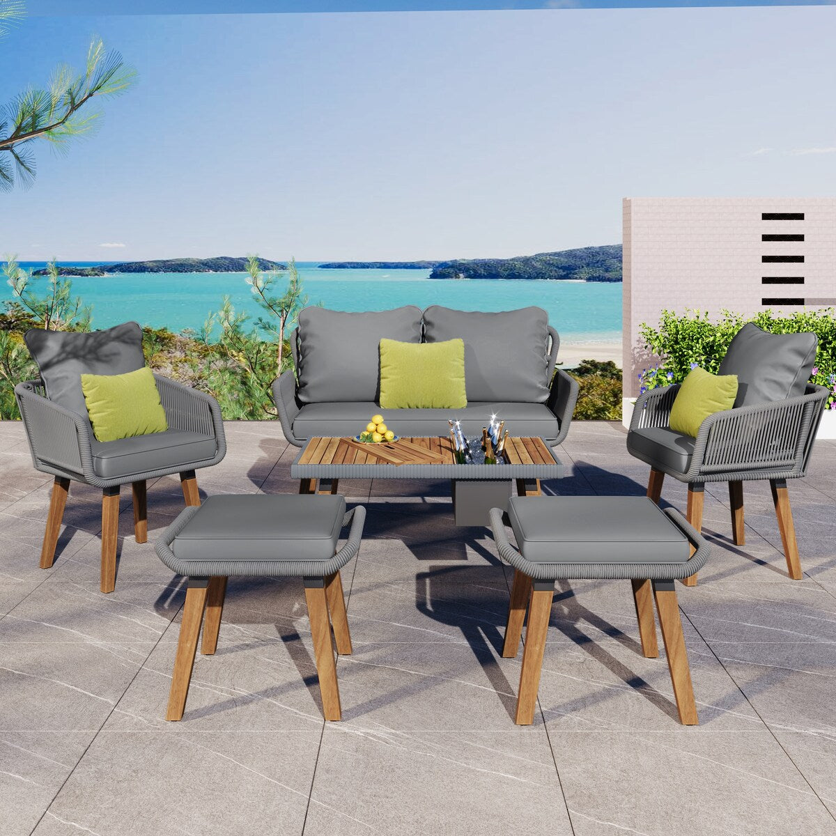 Ensemble de jardin en corde tressée : meubles de patio en bois d'acacia avec seau à glace, 6 pièces