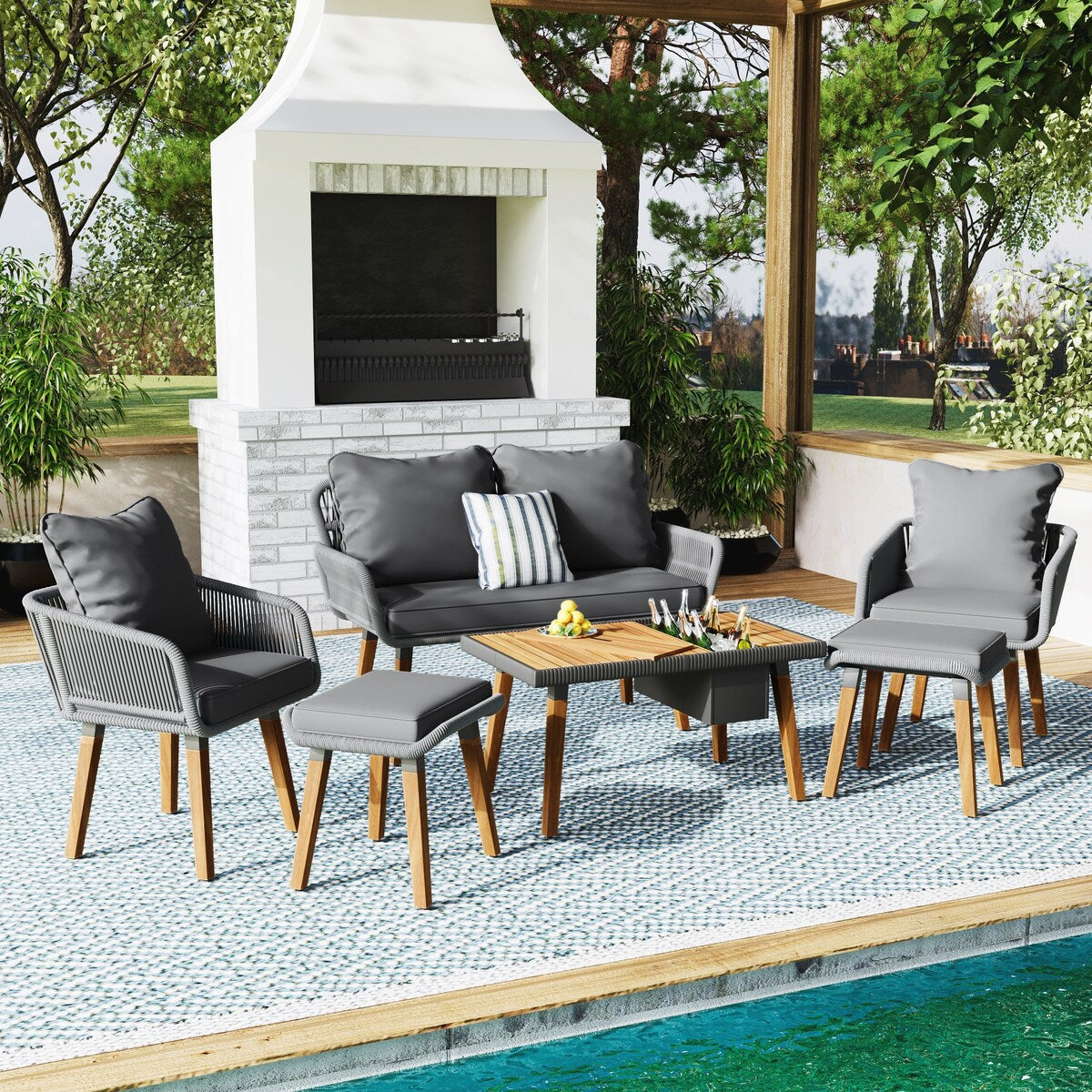 Ensemble de jardin en corde tressée : meubles de patio en bois d'acacia avec seau à glace, 6 pièces