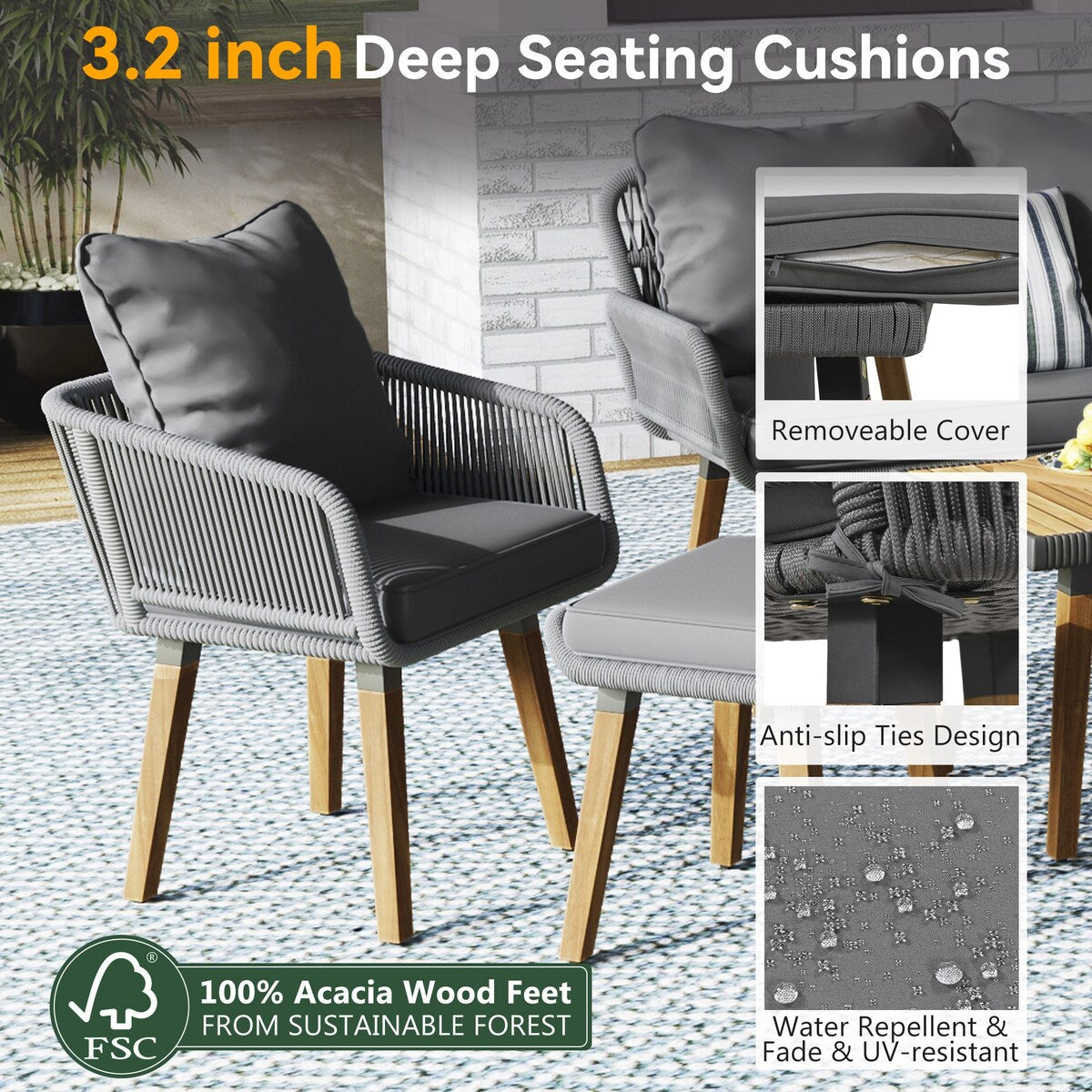 Ensemble de jardin en corde tressée : meubles de patio en bois d'acacia avec seau à glace, 6 pièces