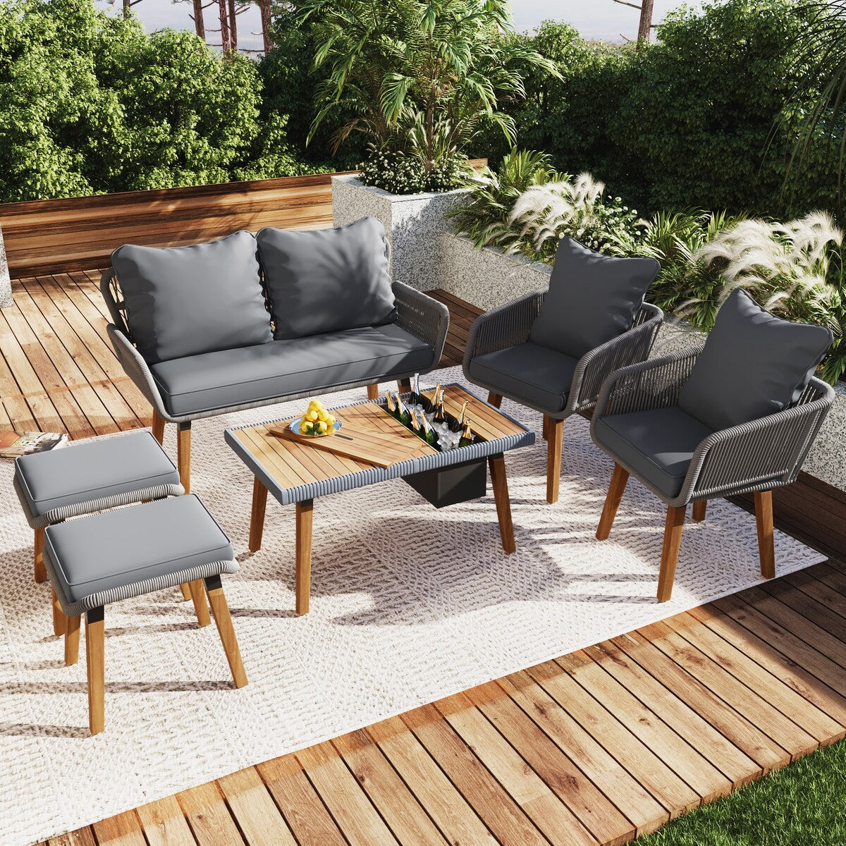 Ensemble de jardin en corde tressée : meubles de patio en bois d'acacia avec seau à glace, 6 pièces