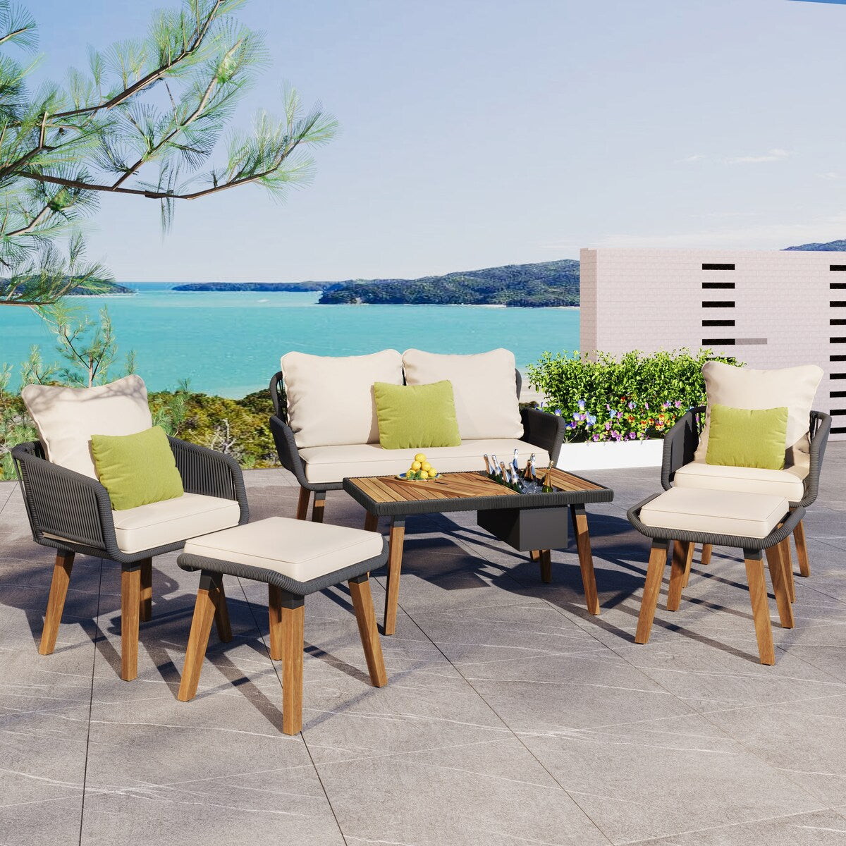Ensemble de jardin en corde tressée : meubles de patio en bois d'acacia avec seau à glace, 6 pièces