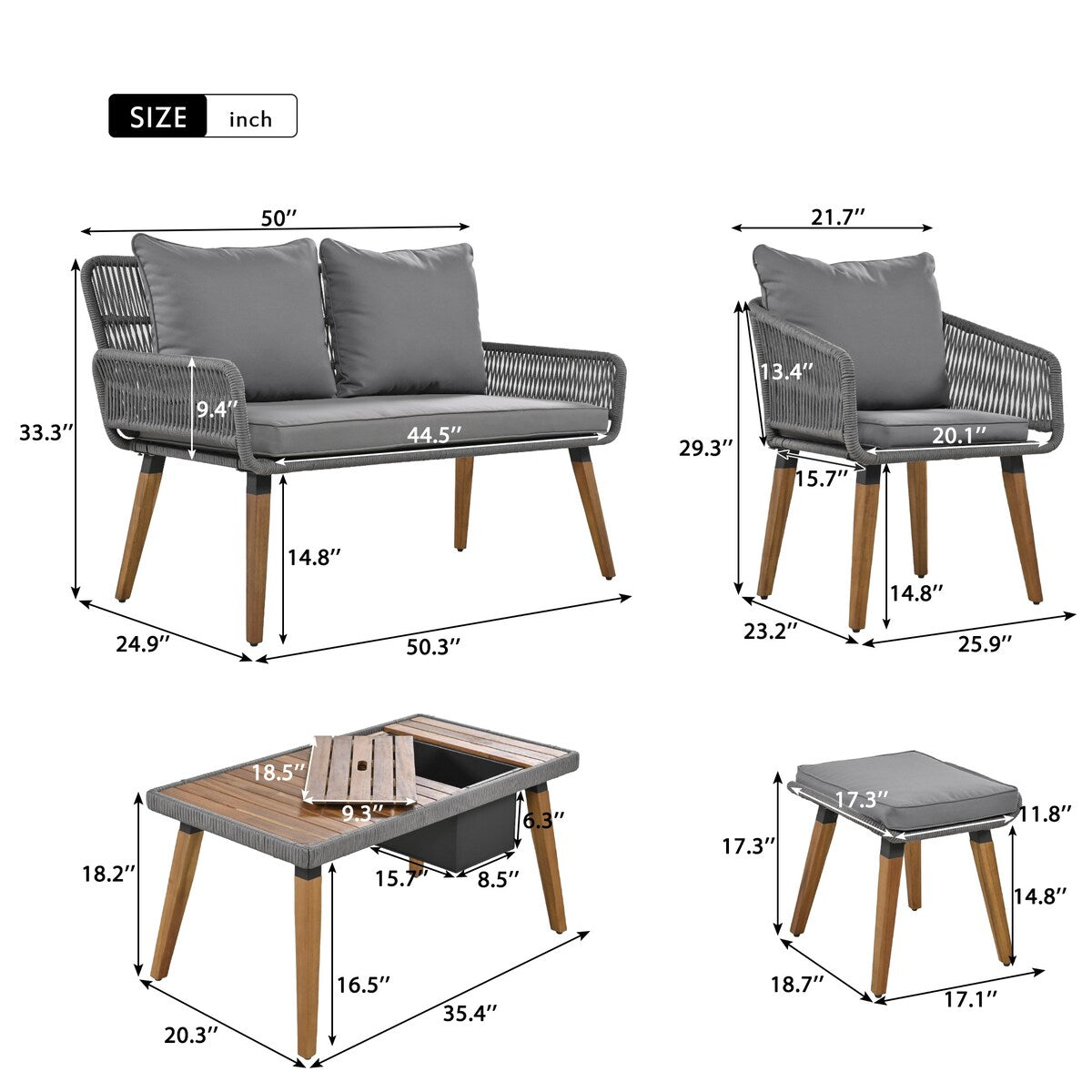 Ensemble de jardin en corde tressée : meubles de patio en bois d'acacia avec seau à glace, 6 pièces