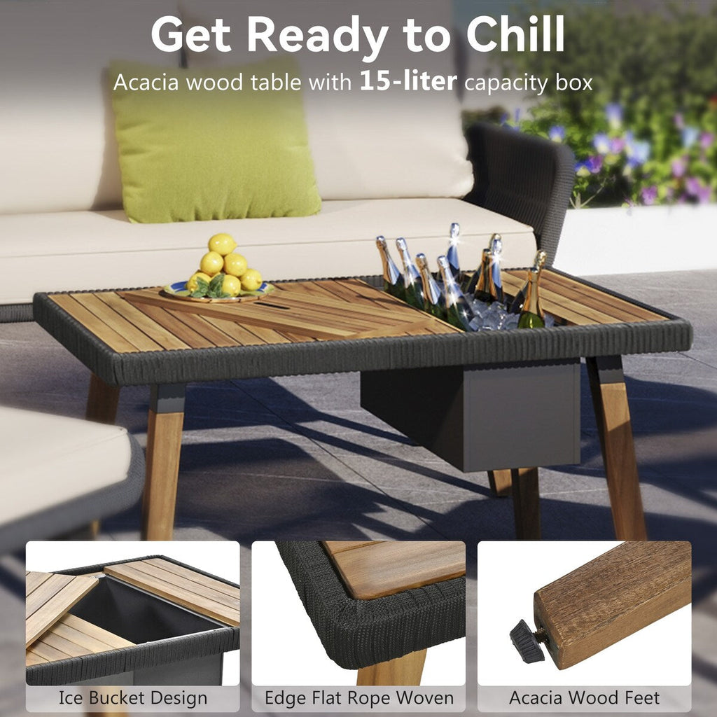 Ensemble de jardin en corde tressée : meubles de patio en bois d'acacia avec seau à glace, 6 pièces