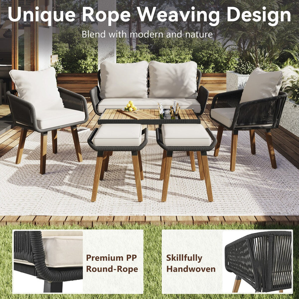 Ensemble de jardin en corde tressée : meubles de patio en bois d'acacia avec seau à glace, 6 pièces