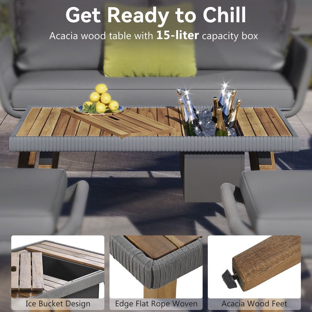 Ensemble de jardin en corde tressée : meubles de patio en bois d'acacia avec seau à glace, 6 pièces