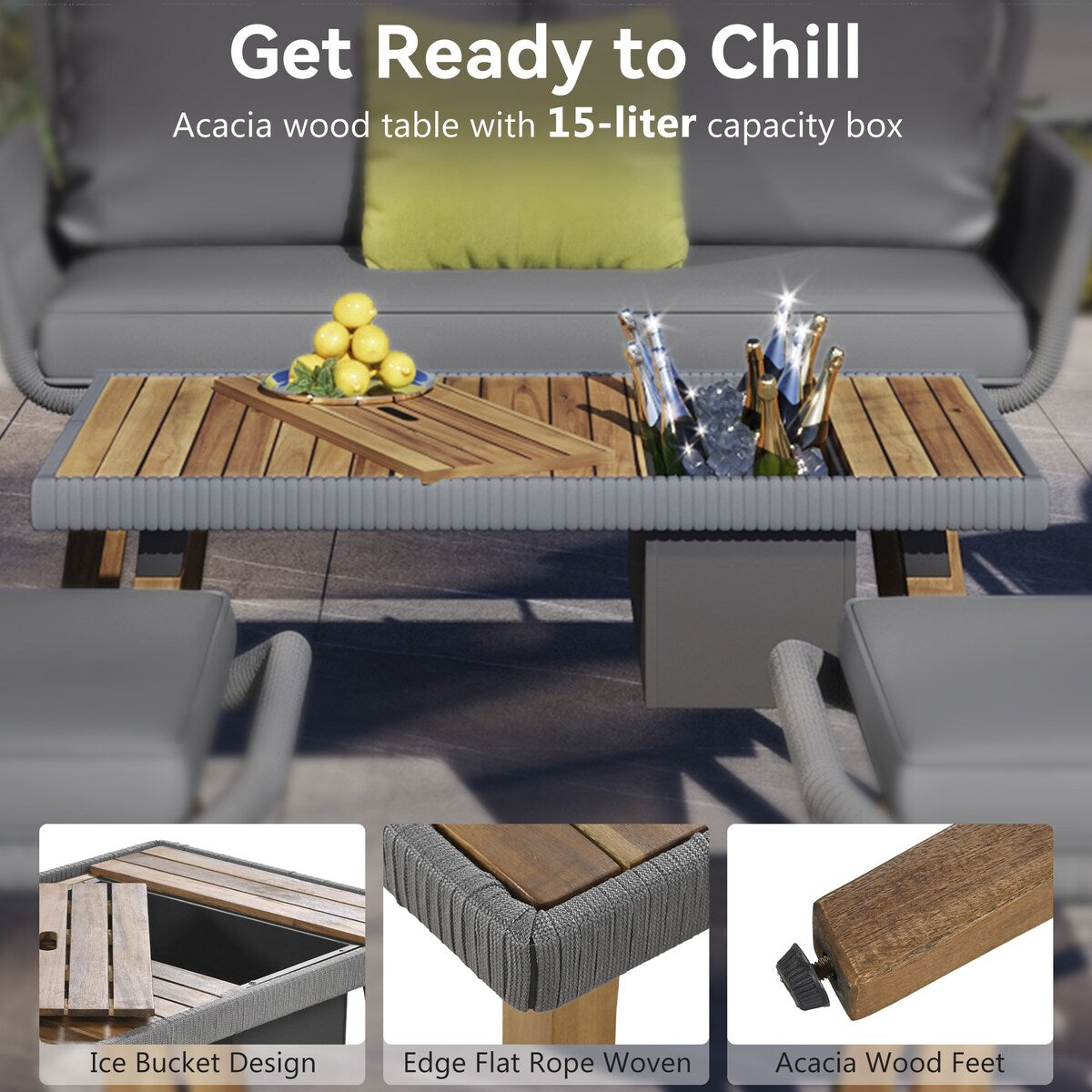 Ensemble de jardin en corde tressée : meubles de patio en bois d'acacia avec seau à glace, 6 pièces