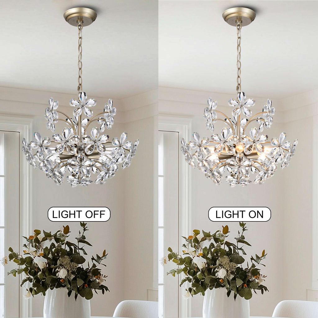 Lustre Rosa à 6 lumières en cristal argenté brossé, motif fleur de champagne