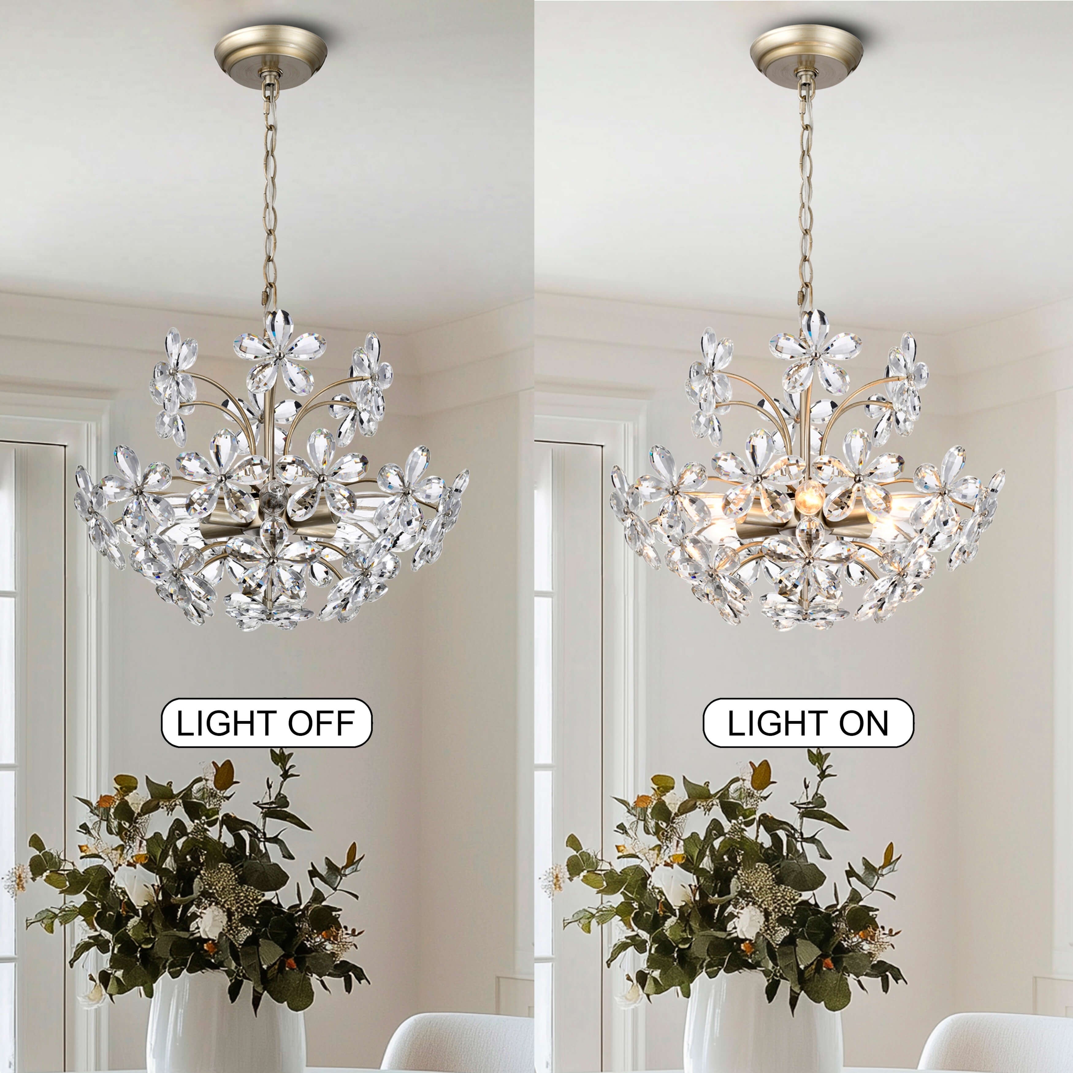 Lustre Rosa à 6 lumières en cristal argenté brossé, motif fleur de champagne